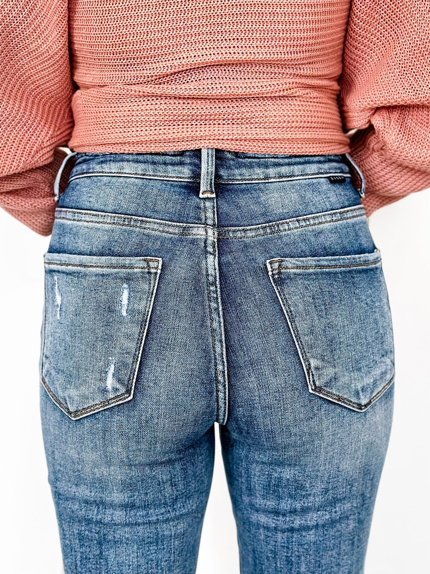 Risen Weekend Living High Rise Dark Wash Distressed Crop Kick Flare