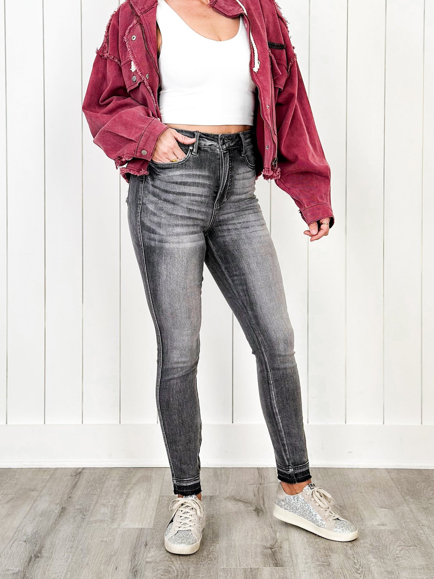 Judy Blue 50 Shades of Grey High Rise Grey Wash Tummy Control Skinny Jeans With Release Hem