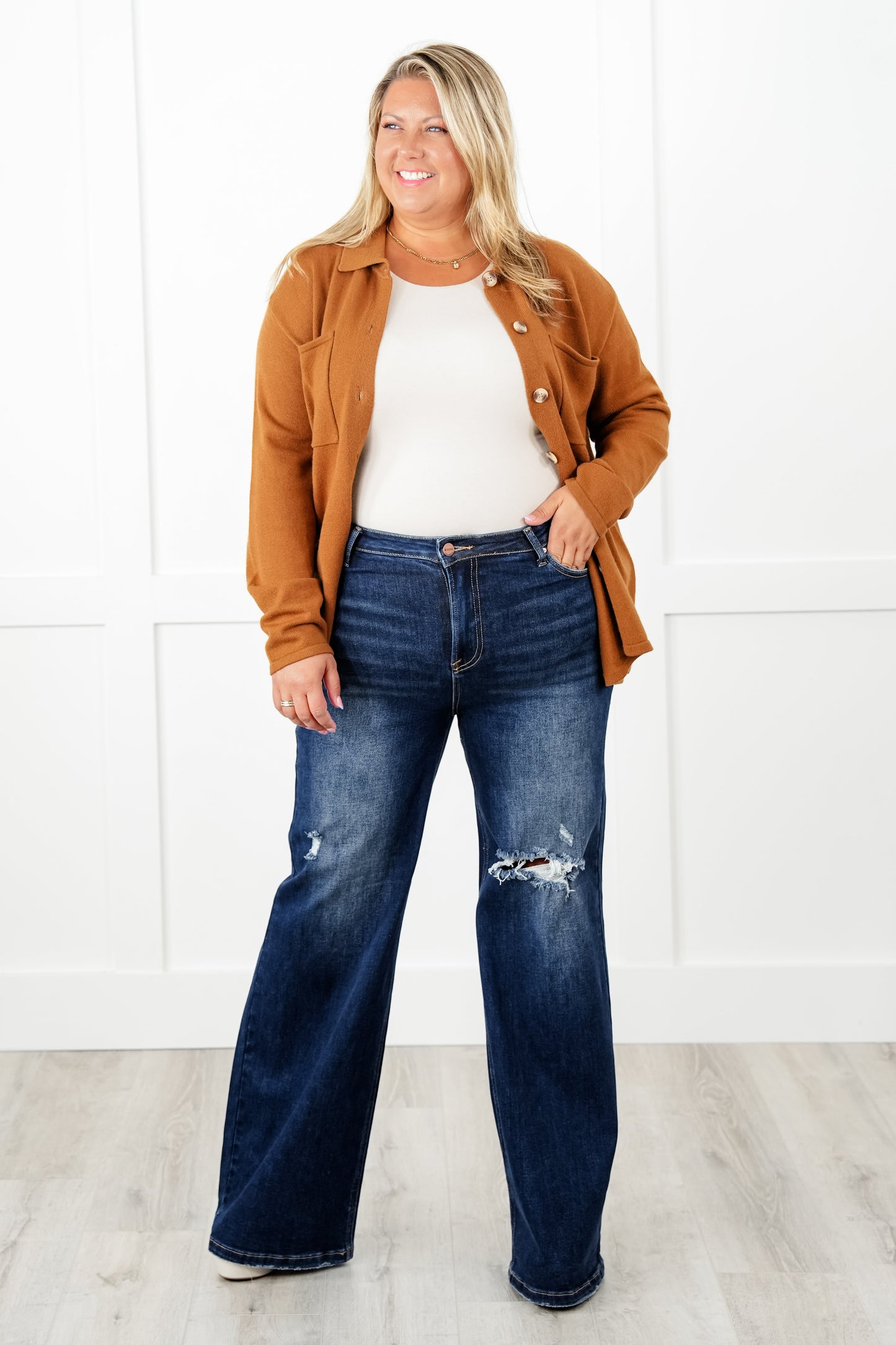 Risen Forget me Not High Rise Dark Wash Distressed Wide Leg Jeans