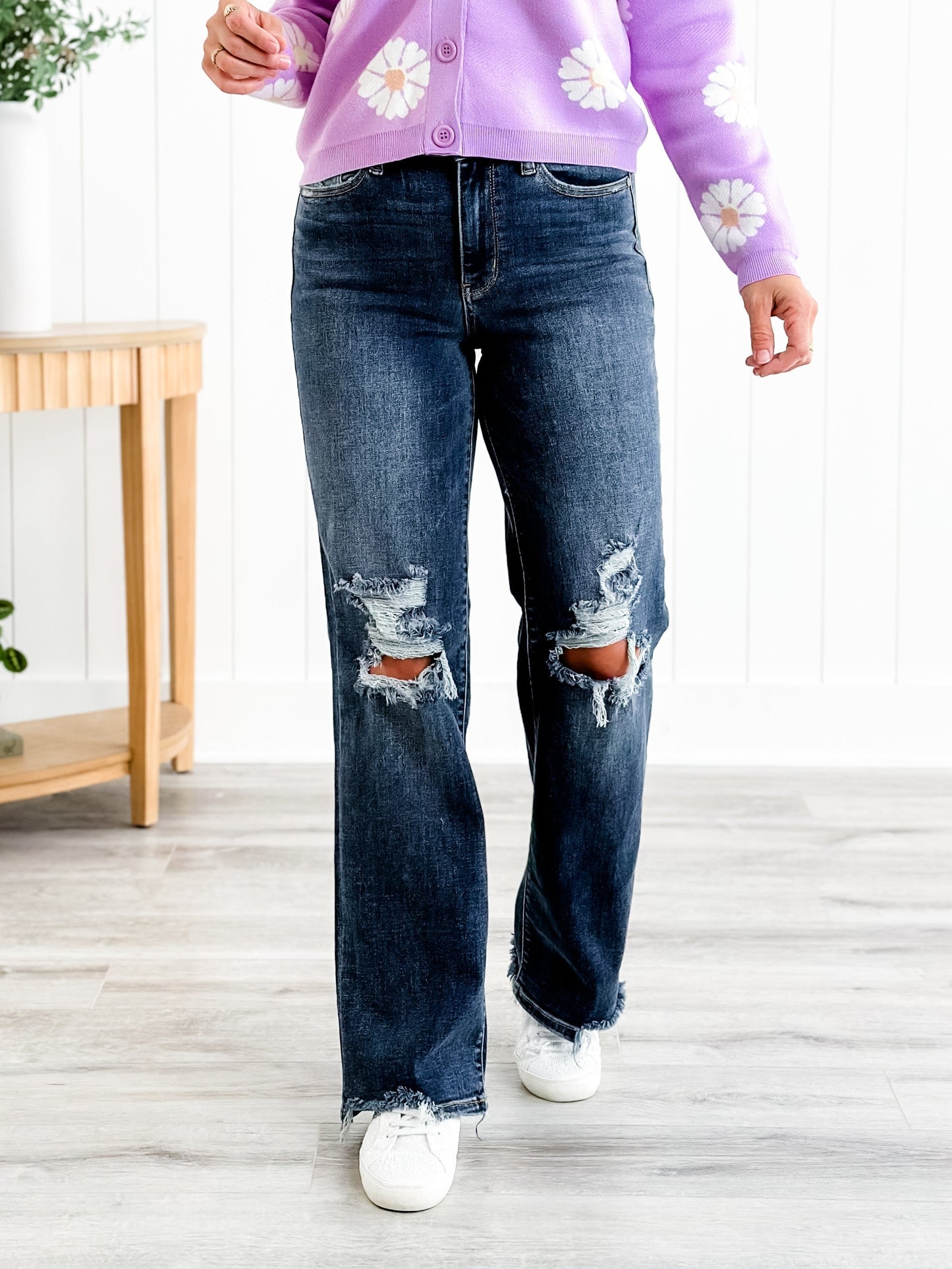 Judy Blue Jagged Little Pill High Rise Dark Wash 90's Destroyed Knee Straight Leg Jeans