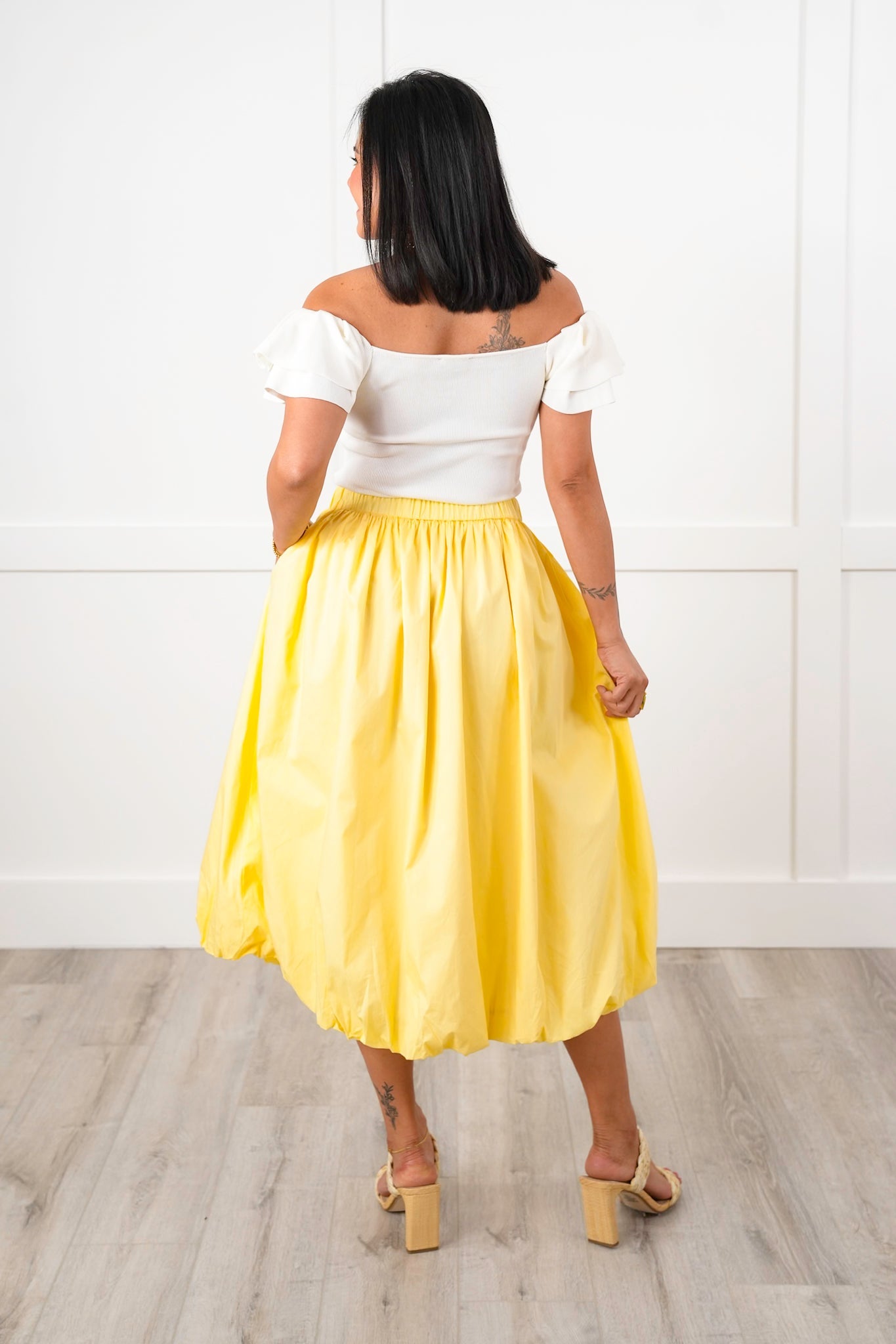 Yellow Elastic Waist Midi Bubble Skirt with Side Pockets