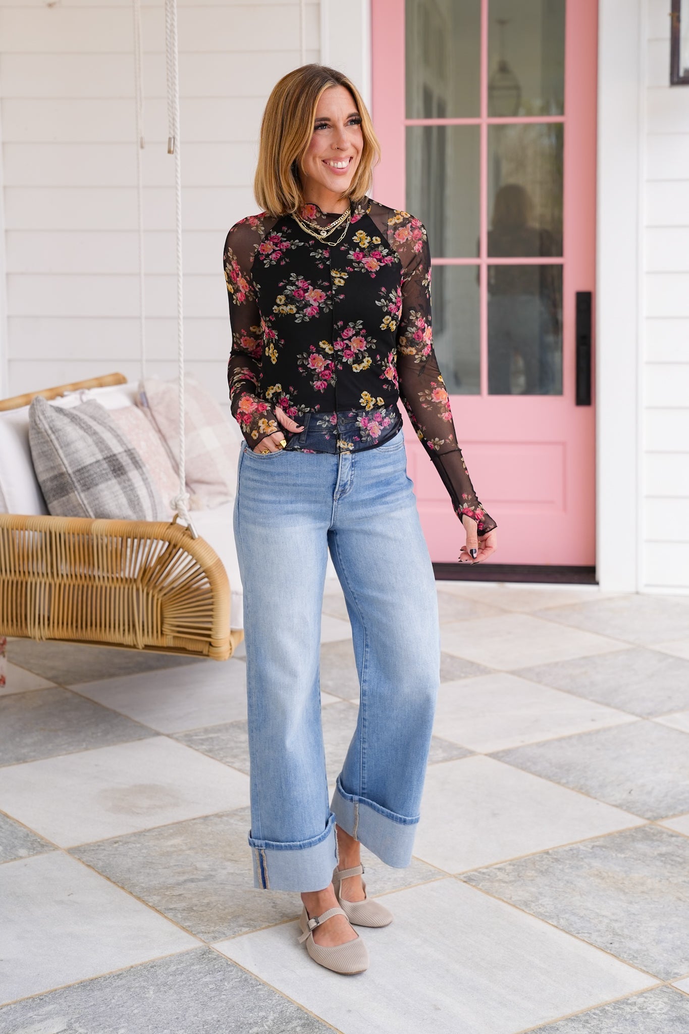 Plus/Reg Floral Long Sleeve Mock Neck Mesh Top