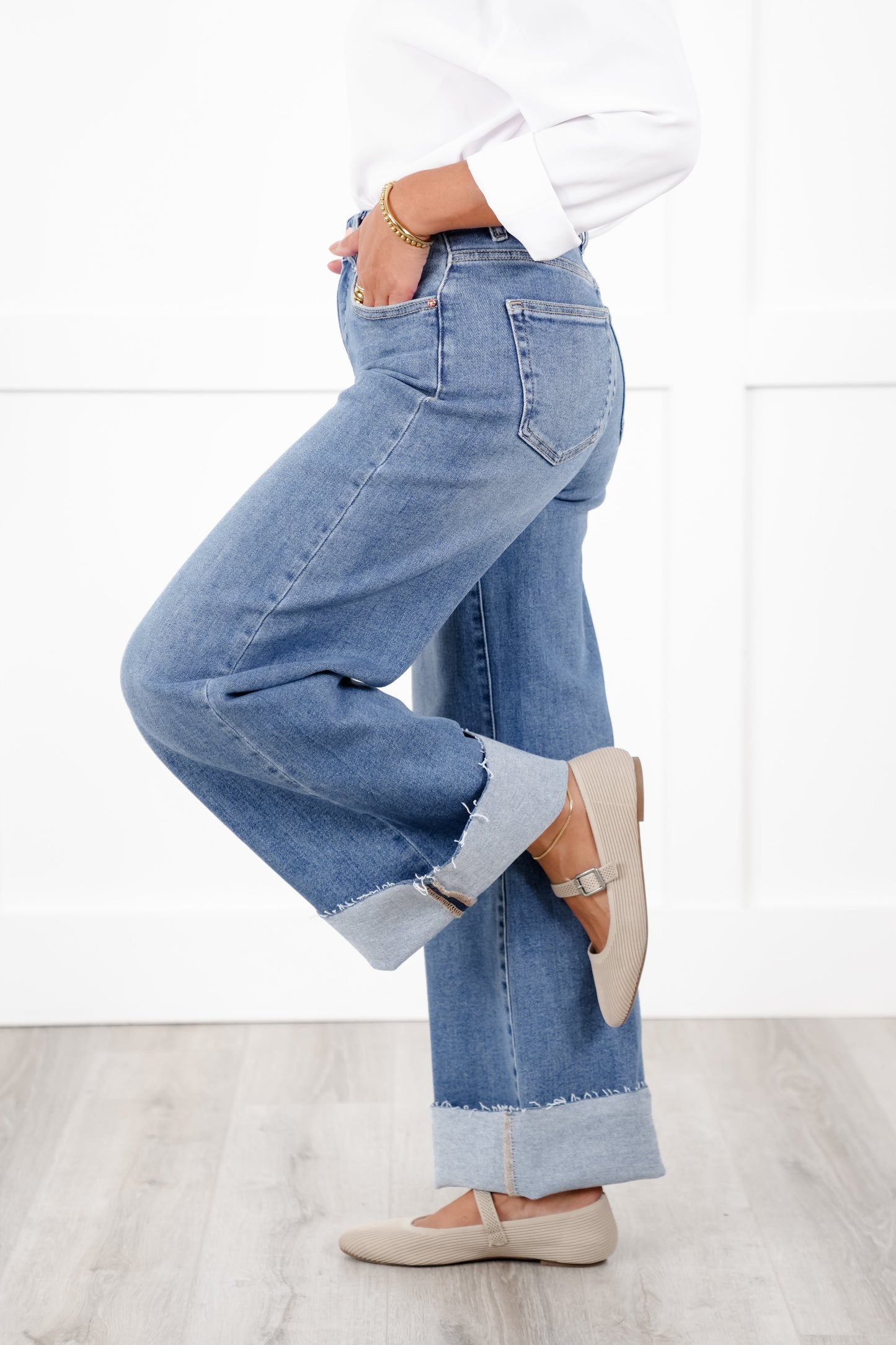 Risen High Rise Medium Wash Tummy Control Cuffed Wide Leg Jeans
