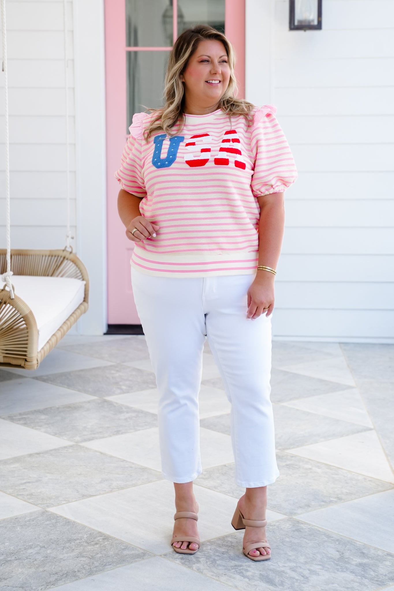 Stripe Short Sleeve "USA" Patchwork Top with Ruffle Detail