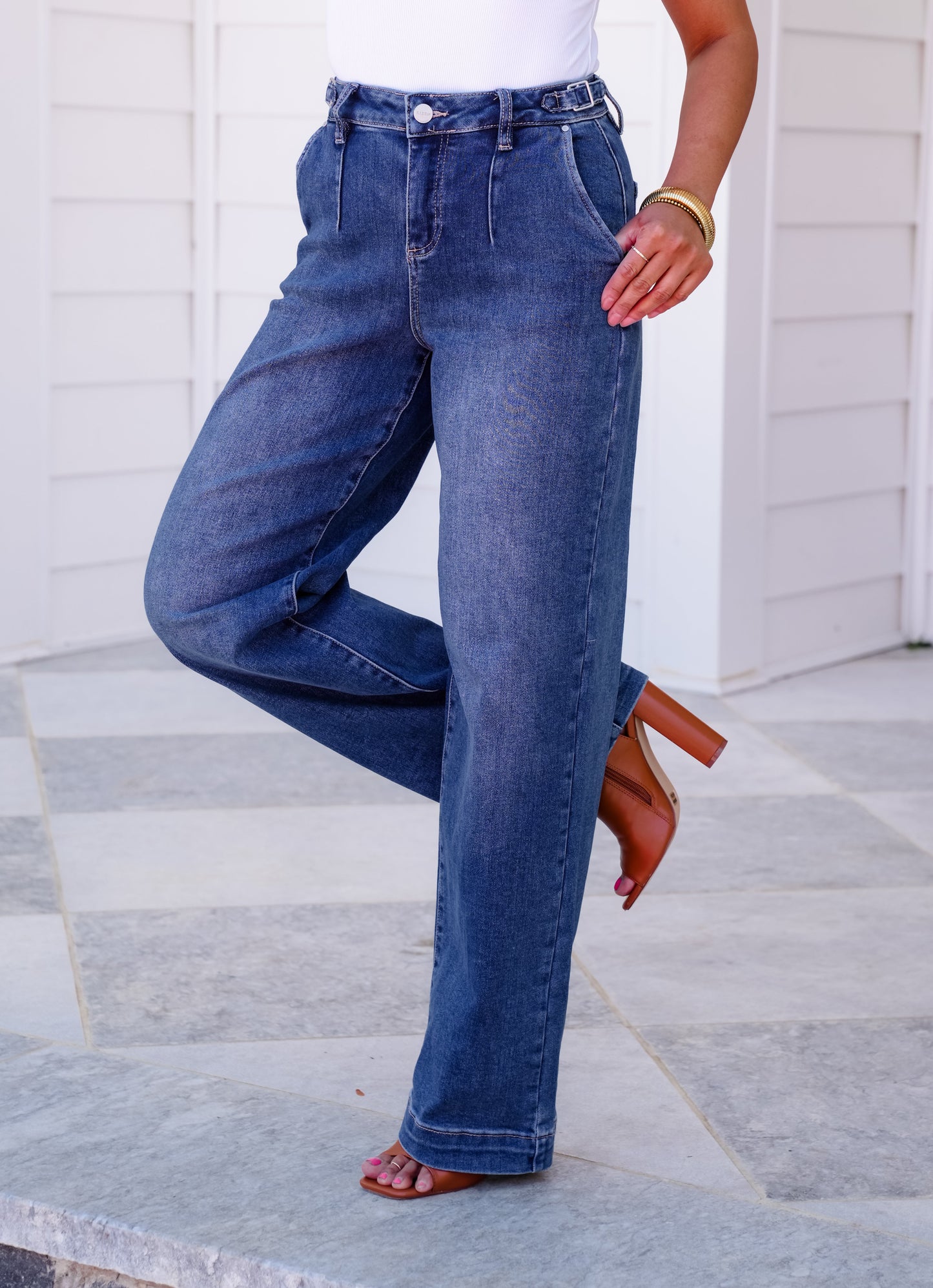 Risen High Rise Medium Wash Adjustable Waistband Wide Leg Pleated Jeans
