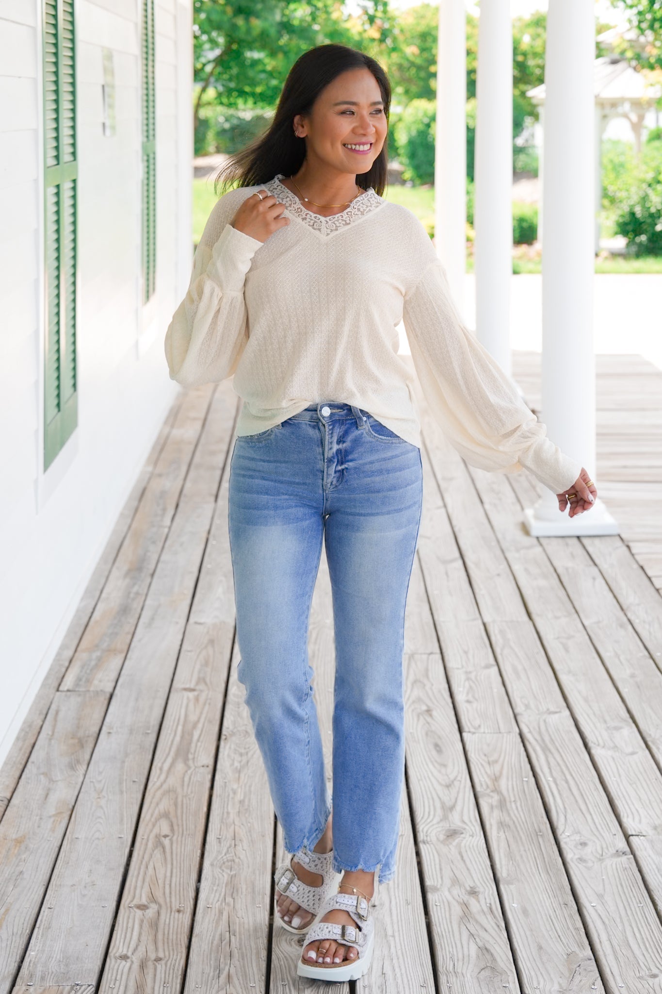 Knit Long Sleeve V Neck Top with Lace Detail (Multiple Colors)