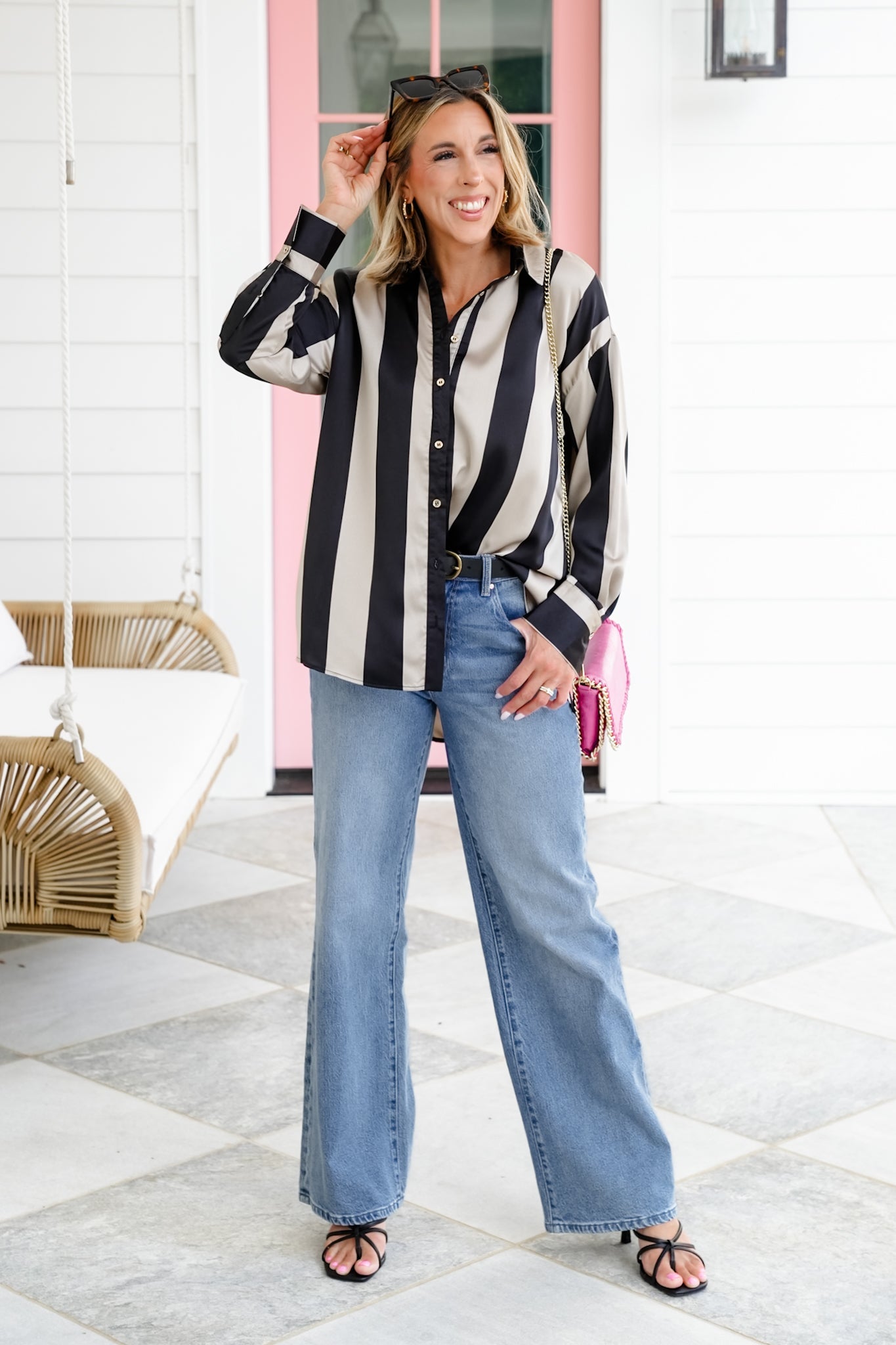 Satin Stripe Long Sleeve Button Down Blouse