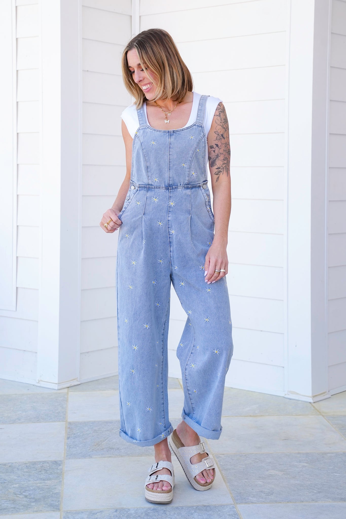 Plus/Reg Denim Overalls with Daisy Embroidered Detail