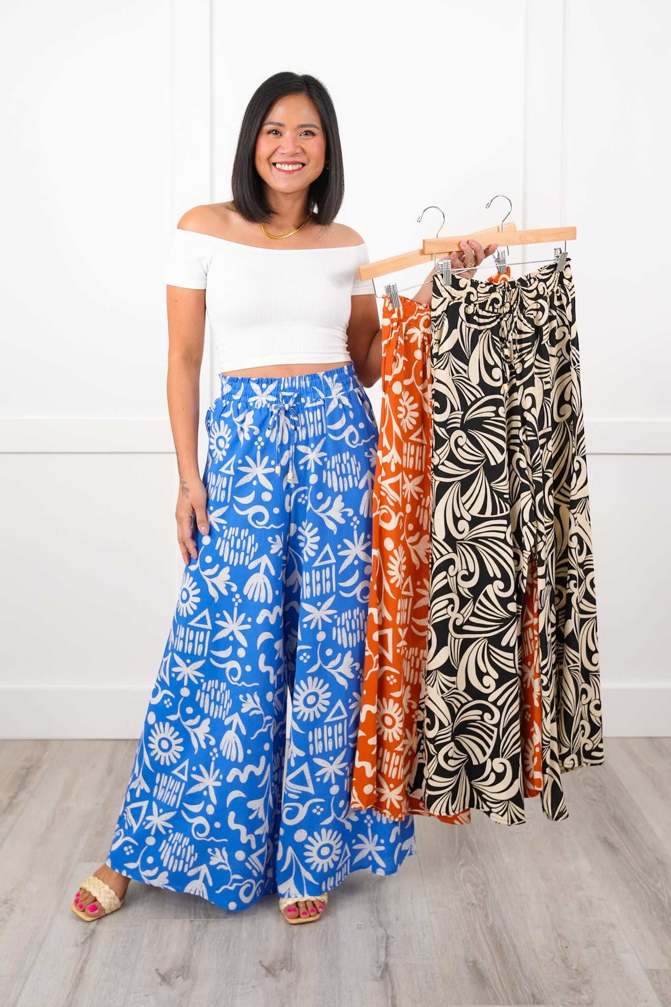 Plus/Reg Tropical Print Elastic Waist Wide Leg Pants