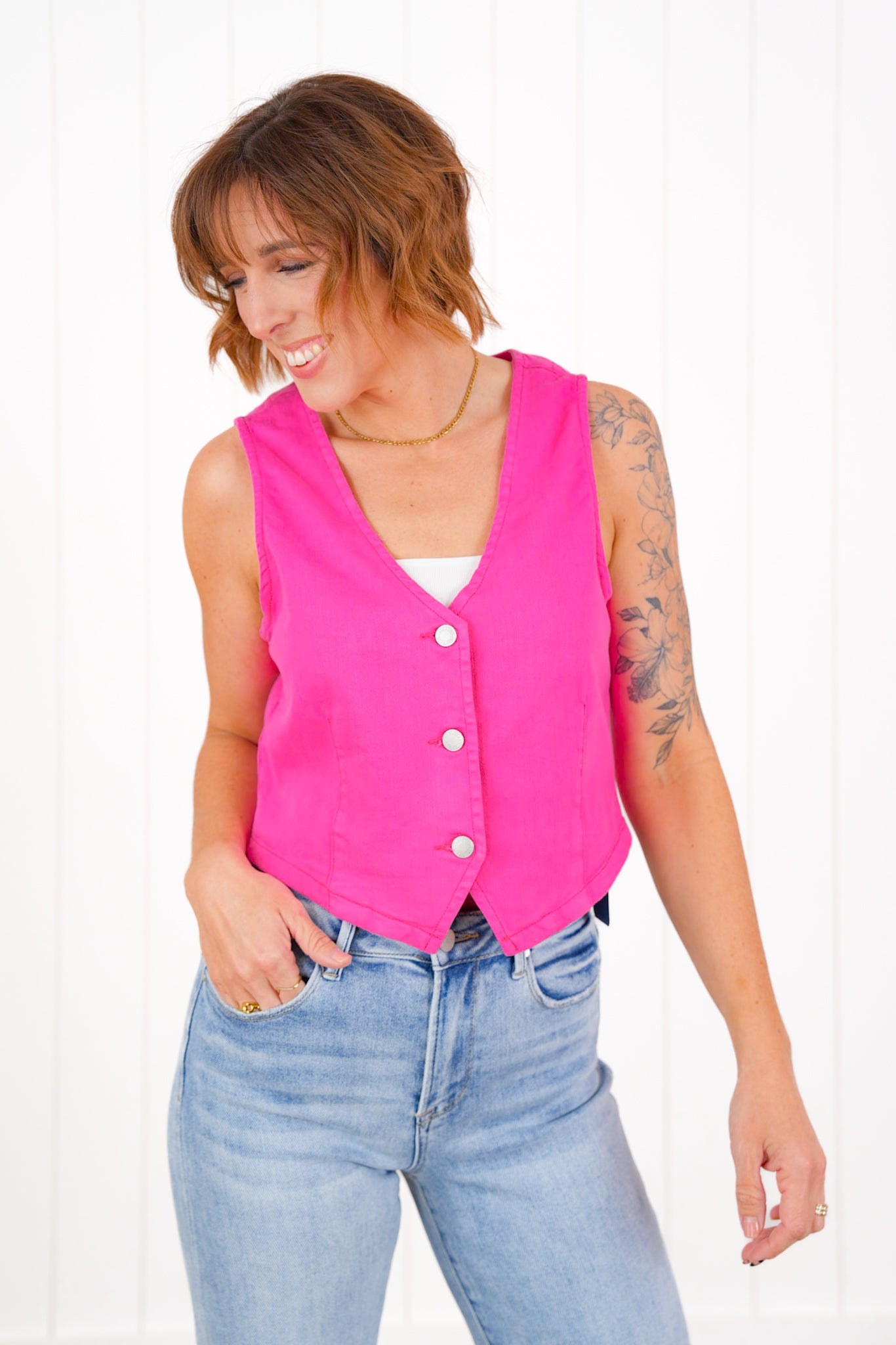 Plus/Reg Judy Blue Colored Denim Button Down Vest (Multiple Colors)