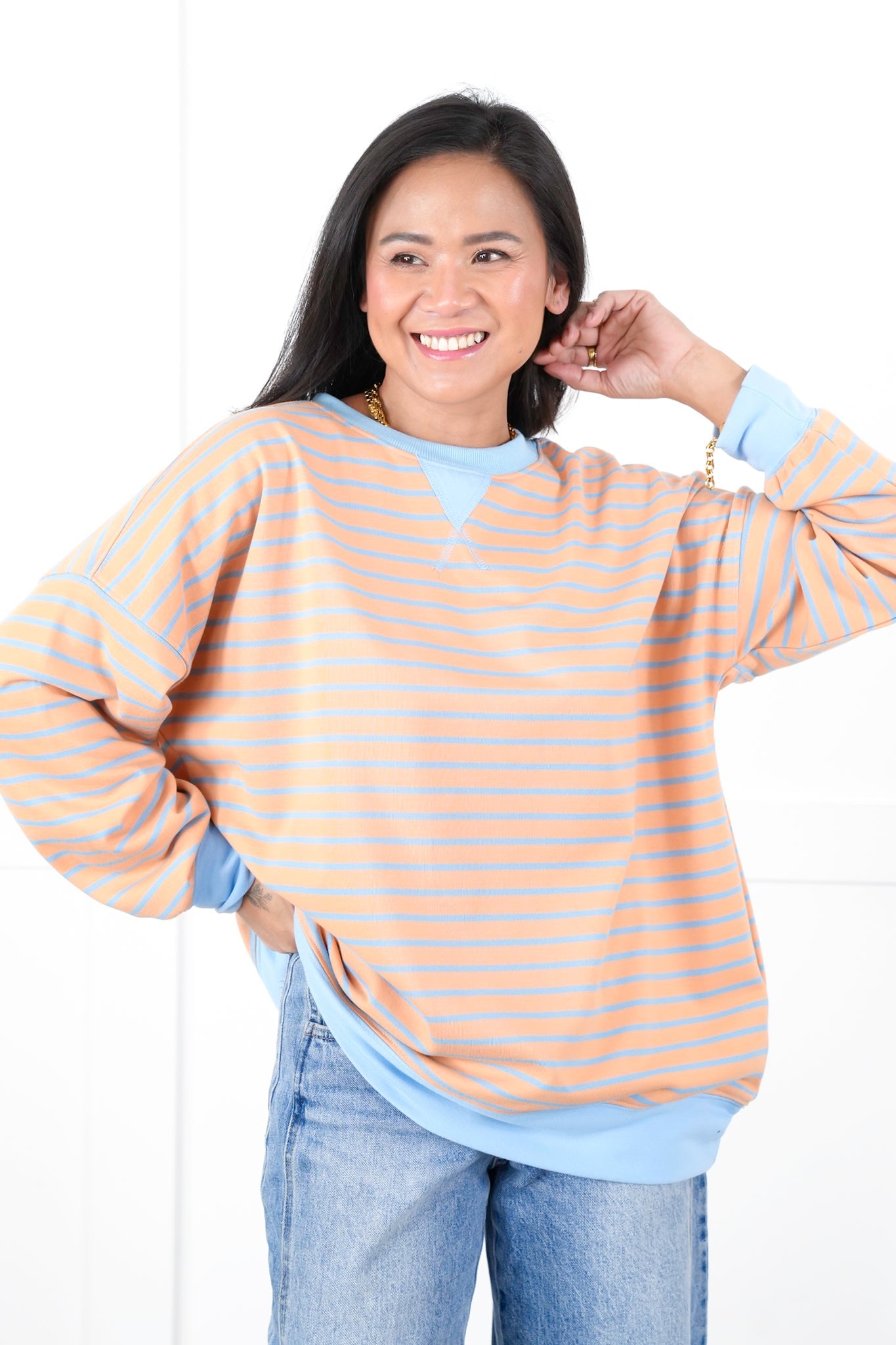 Striped French Terry Long Sleeve Pullover Sweatshirt