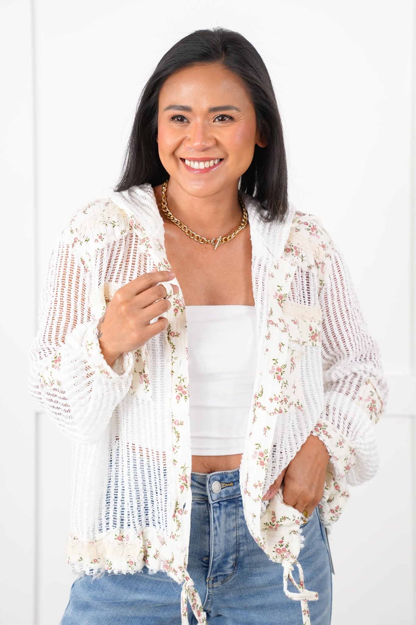 POL Crochet Long Sleeve Button Down Hooded Jacket with Floral Detail