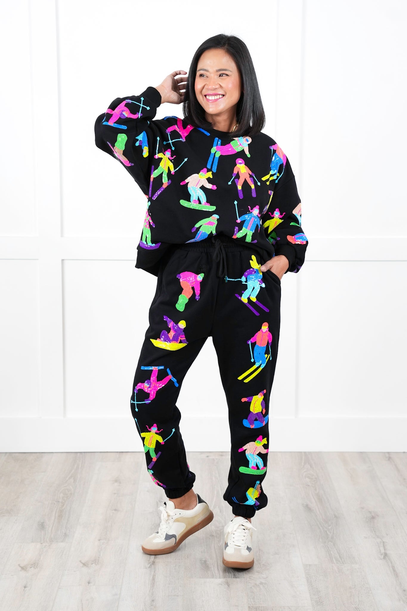 Plus/Reg Queen Of Sparkles All Over Neon Sequin Skiers Pullover Sweatshirt