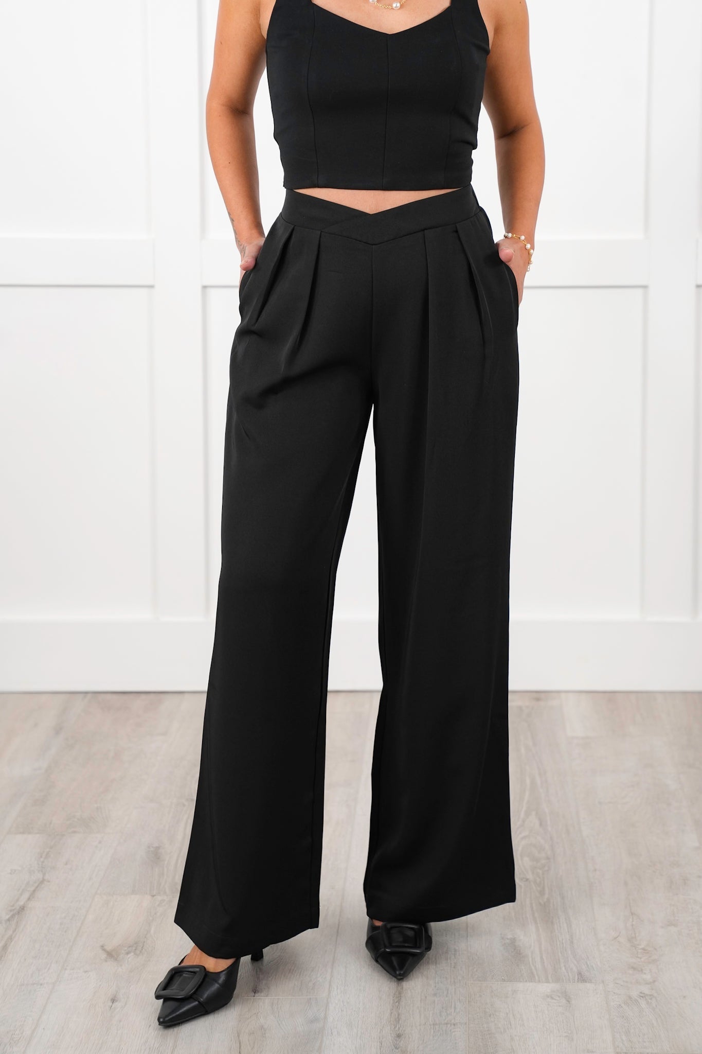 Black Twill Pleated Cross Over Waist Palazzo Pants