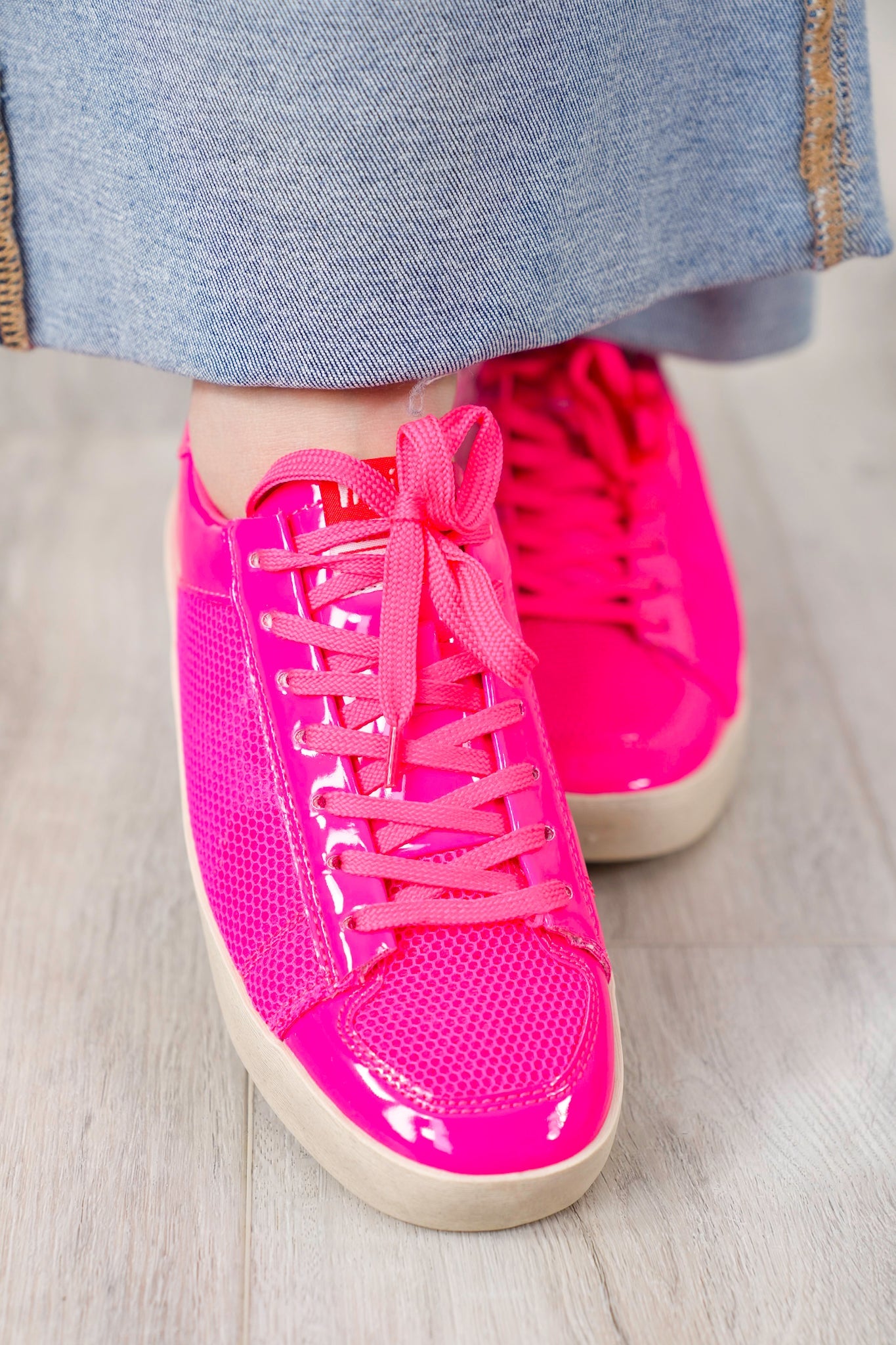 Patent Finish Low Top Sneaker with Mesh Panel Accents