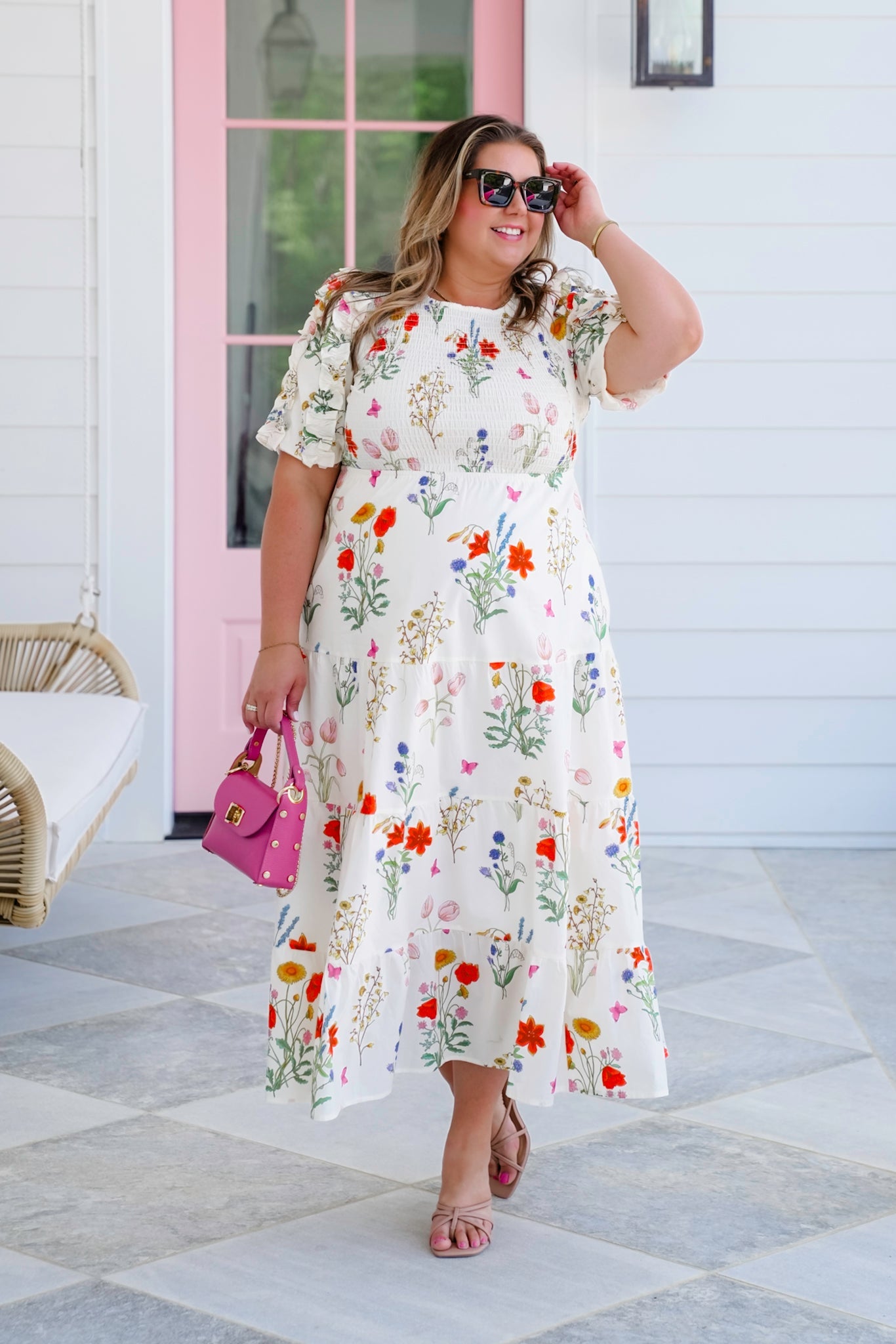 Floral Print Short Puff Sleeve Smocked Bodice Tiered Maxi Dress