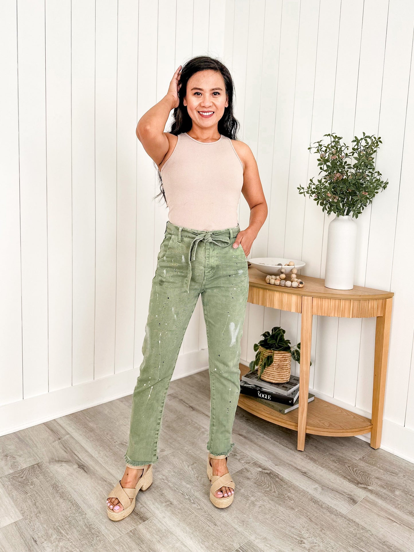 Risen Vintage Paint Splattered Slouch 100% Cotton Olive Pants