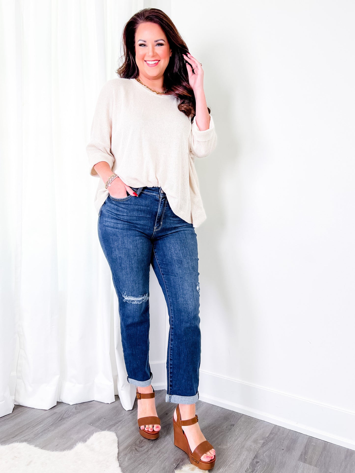Judy Blue Casual Friday High Rise Cuffed Boyfriend Distressed Jeans