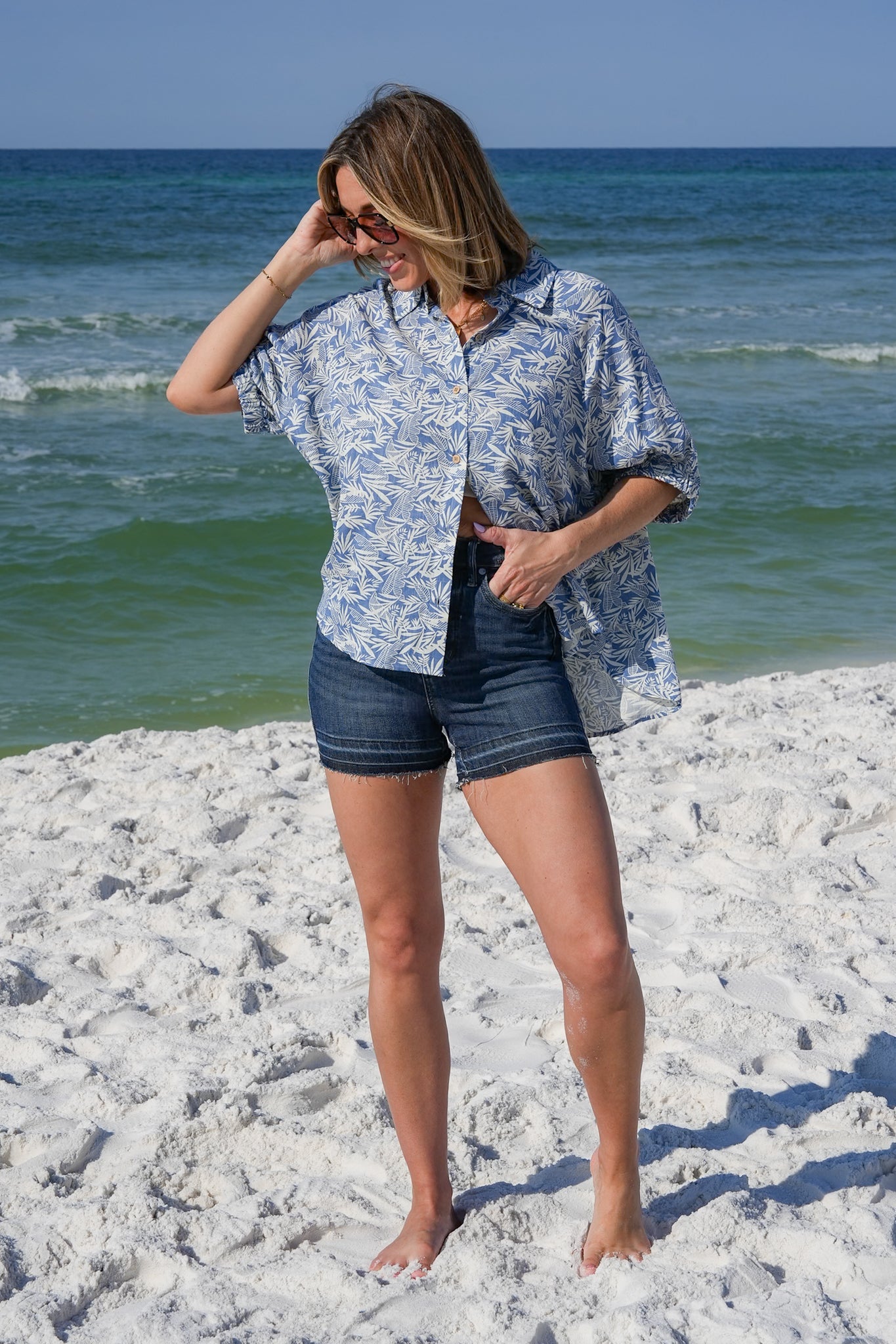 Tropical Print Short Doman Sleeve Button Down Top with Back Cut Out Detail