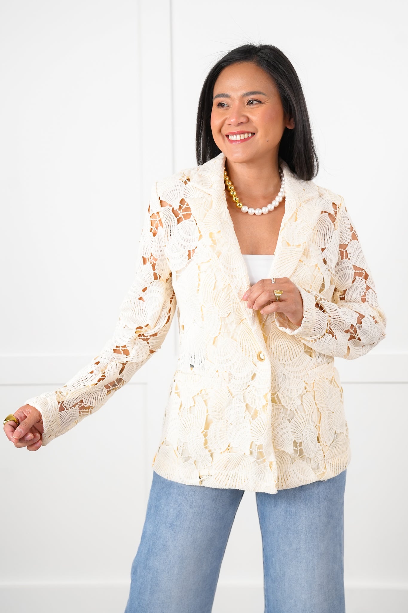Natural Lace Long Sleeve Button Blazer