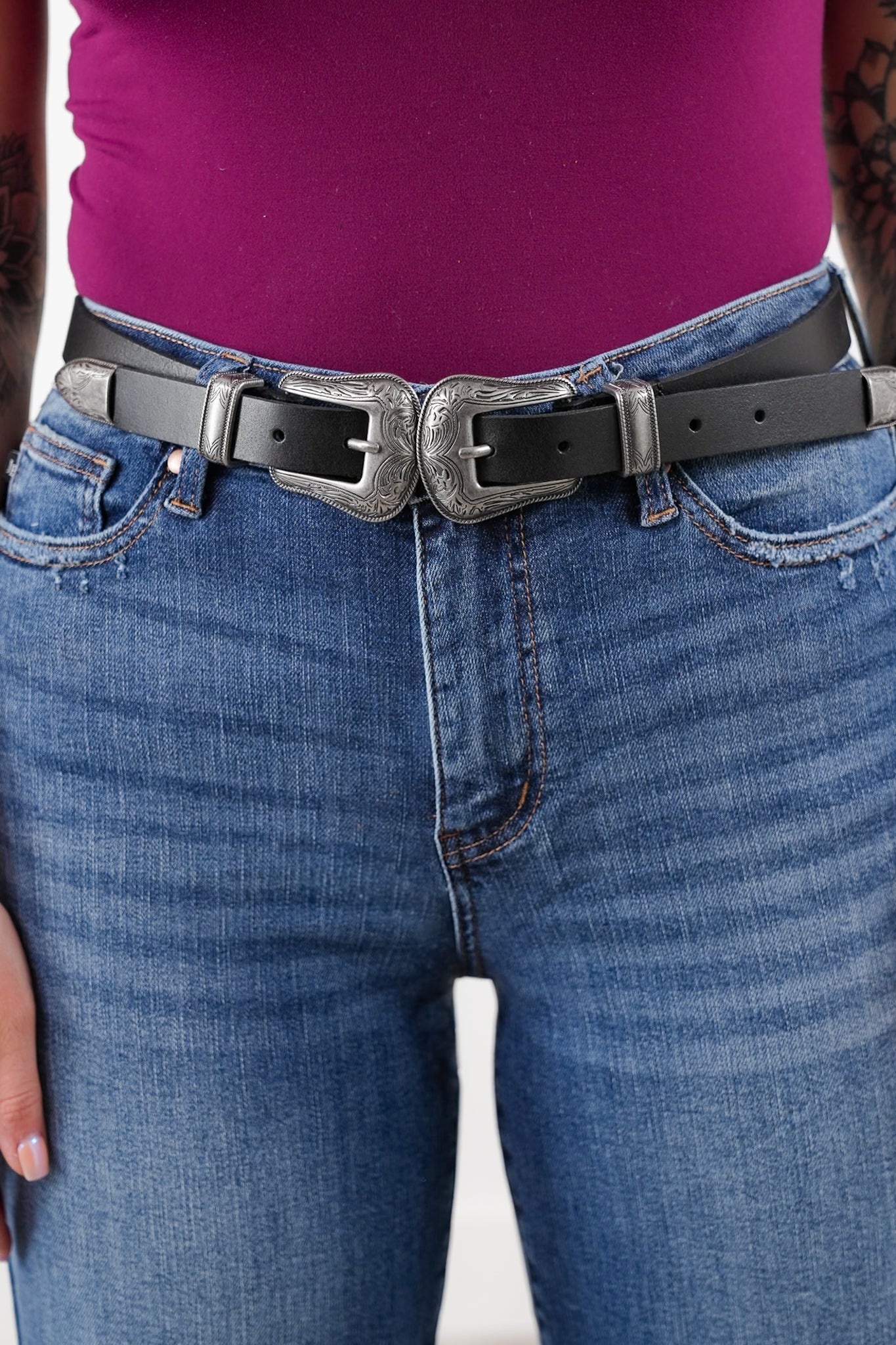 Double Buckle Western Style Leather Belt