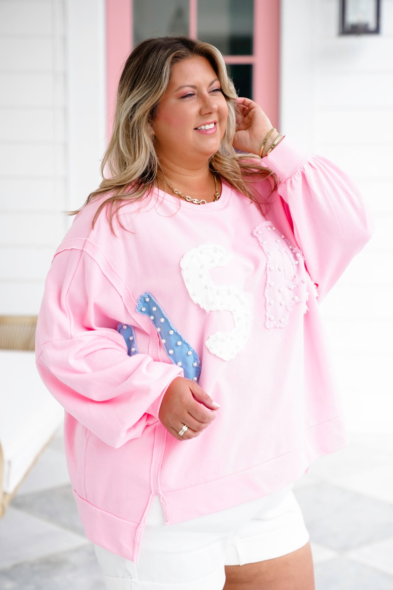 Long Sleeve "USA" Patch Pullover with Pearl Detail