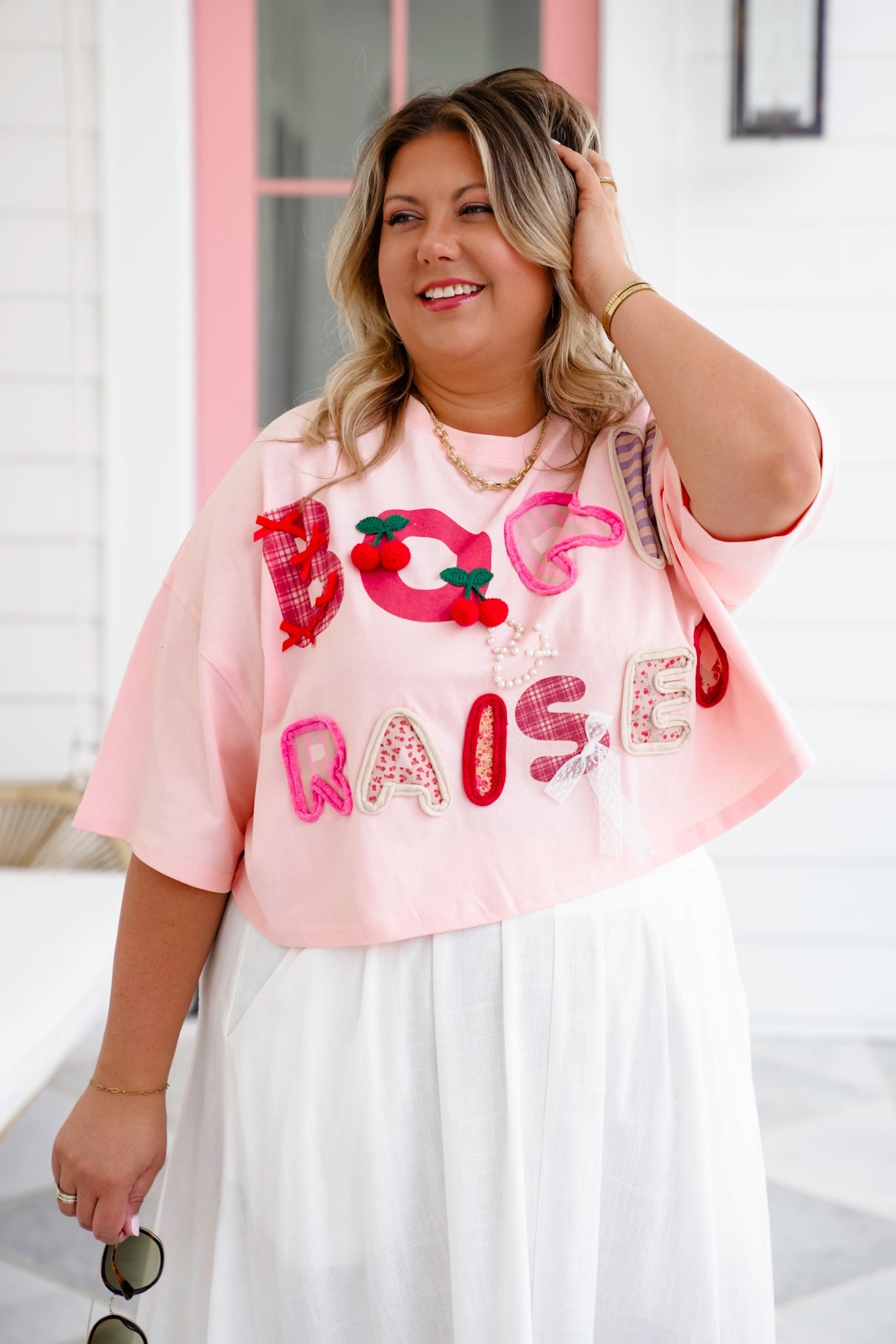 Short Sleeve "Born & Raised" Patchwork Crop Top