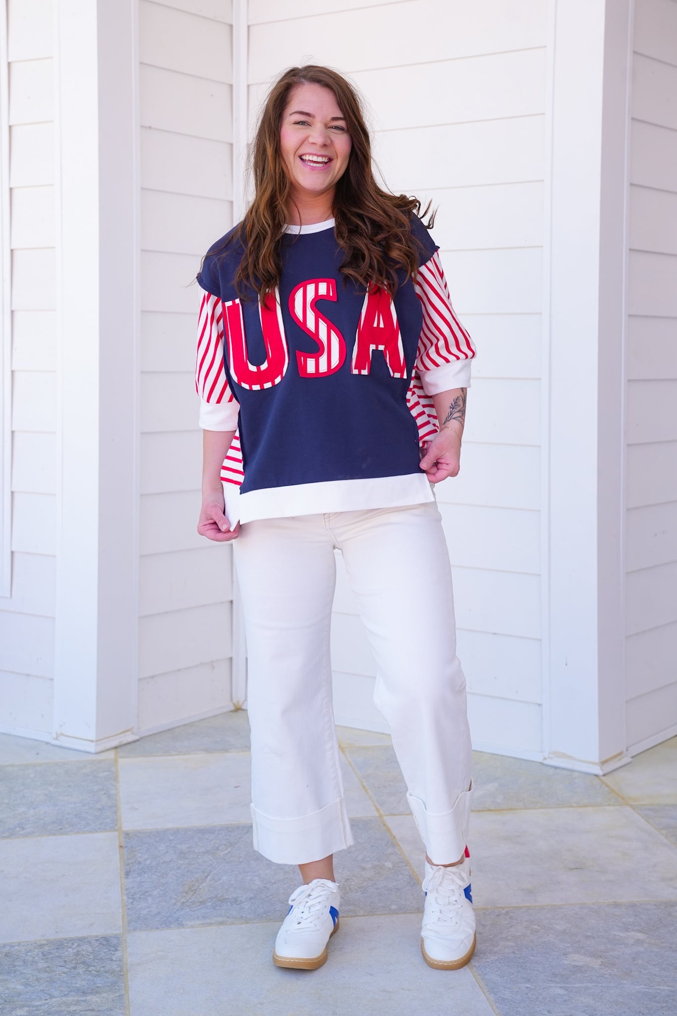 Restock! USA Lettering Patchwork Short Sleeve Pullover Top