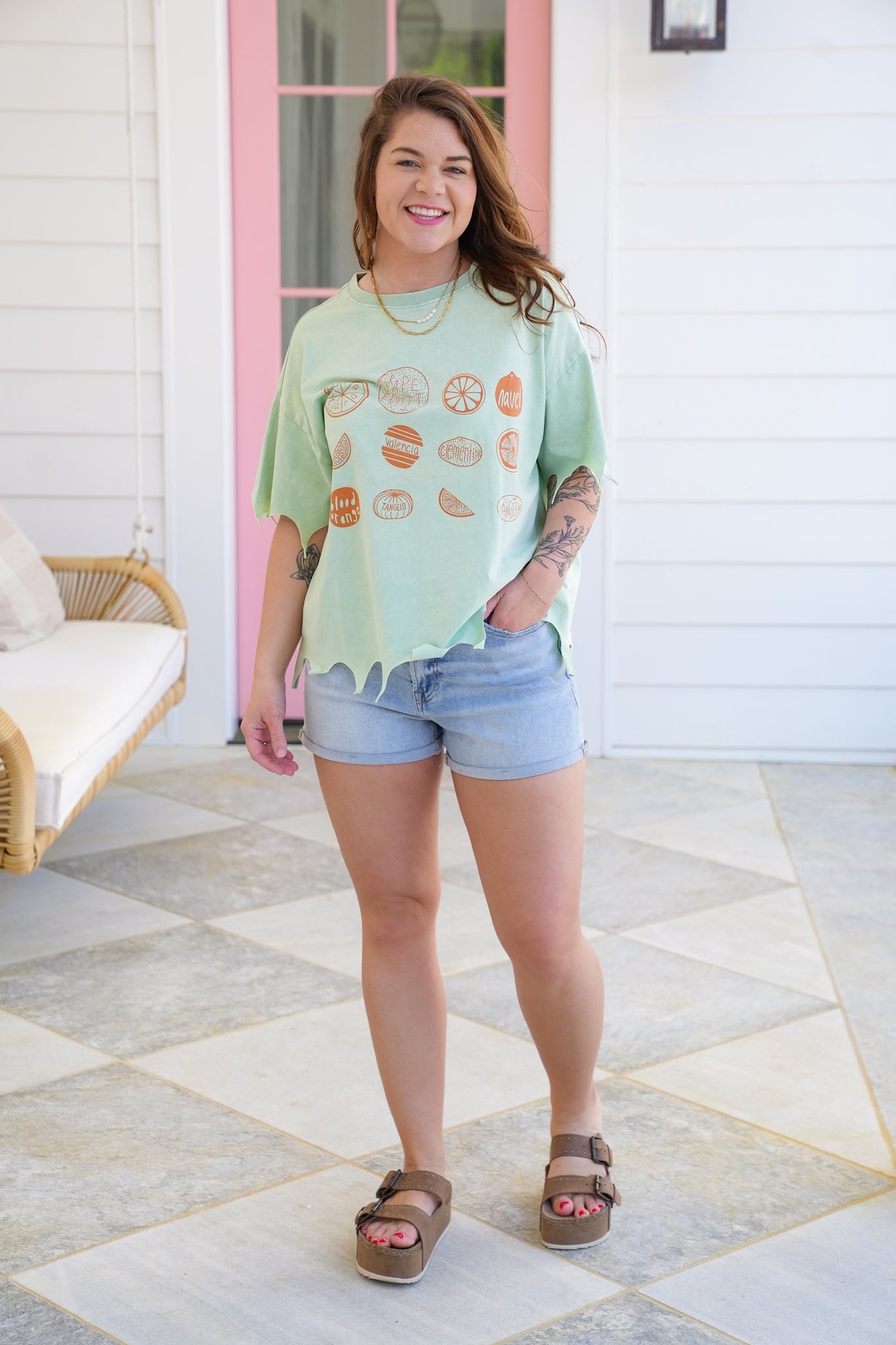 Short Sleeve Citrus Print Graphic Tee with Laser Cut Detail
