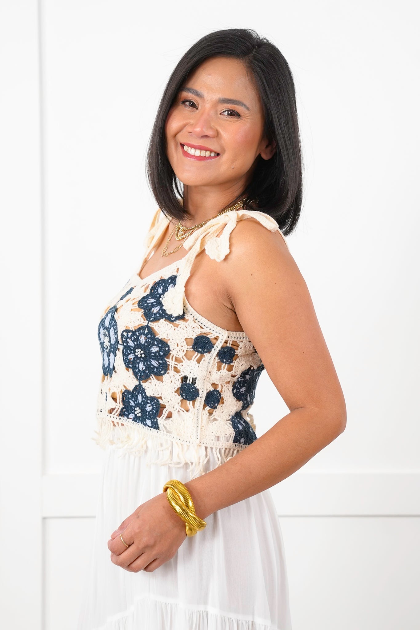 POL Floral Crochet Sleeveless Cropped Top with Fringe Detail