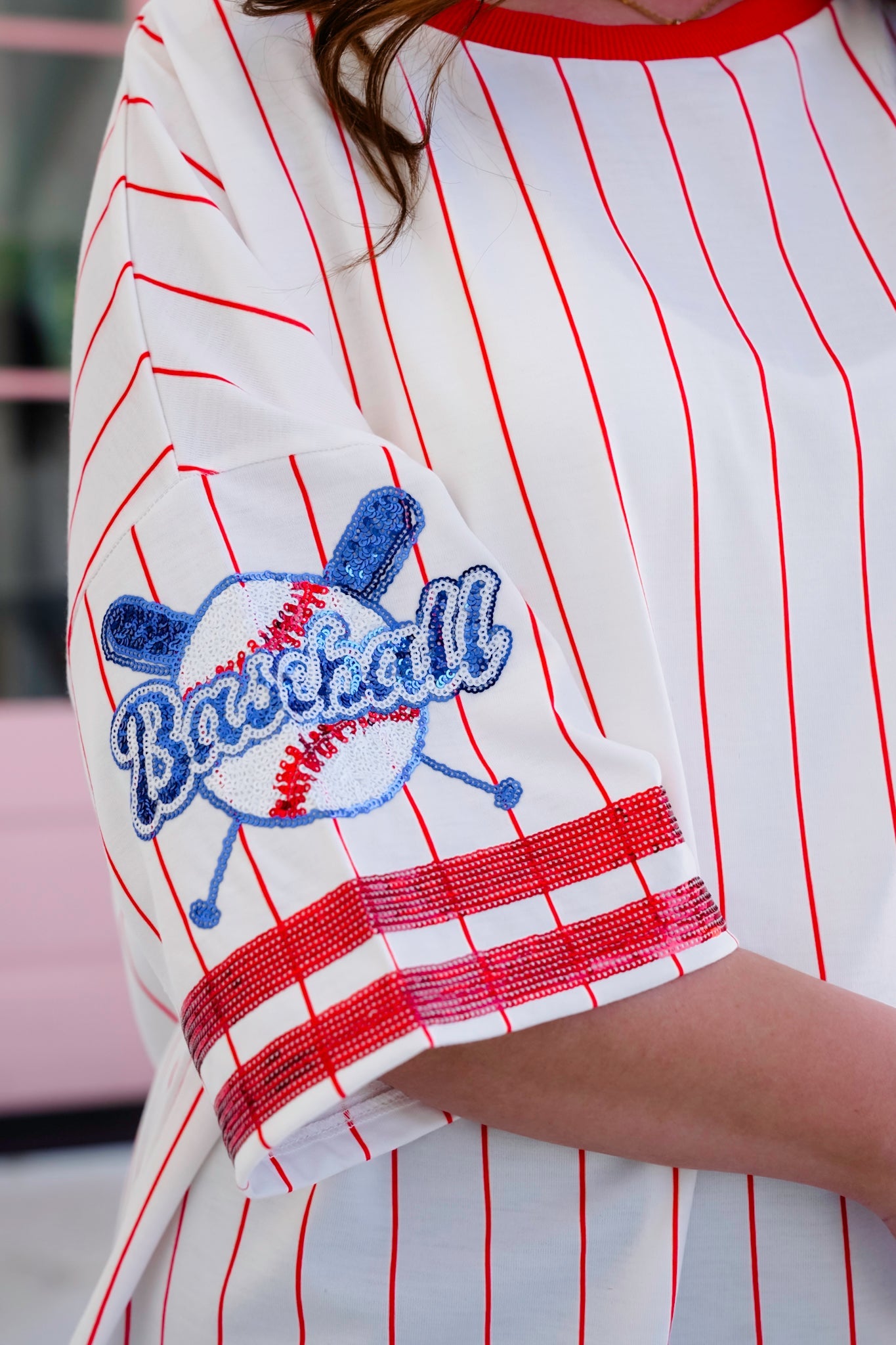 Stripe Short Sleeve Baseball Top with Sequin Detail