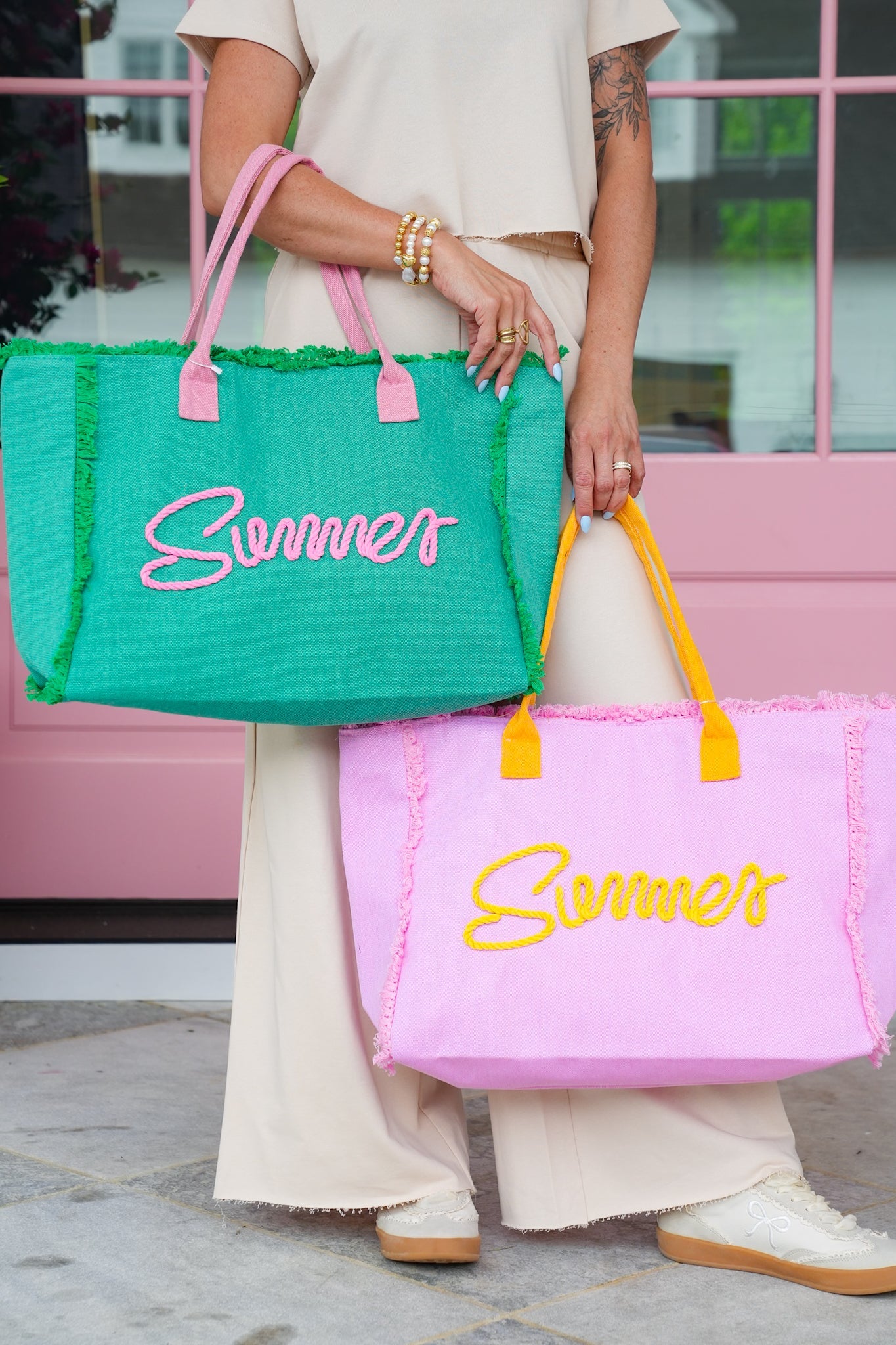 "Summer" Sewn Rope Fringed Adorned Canvas Tote Bag with Zipper Closure