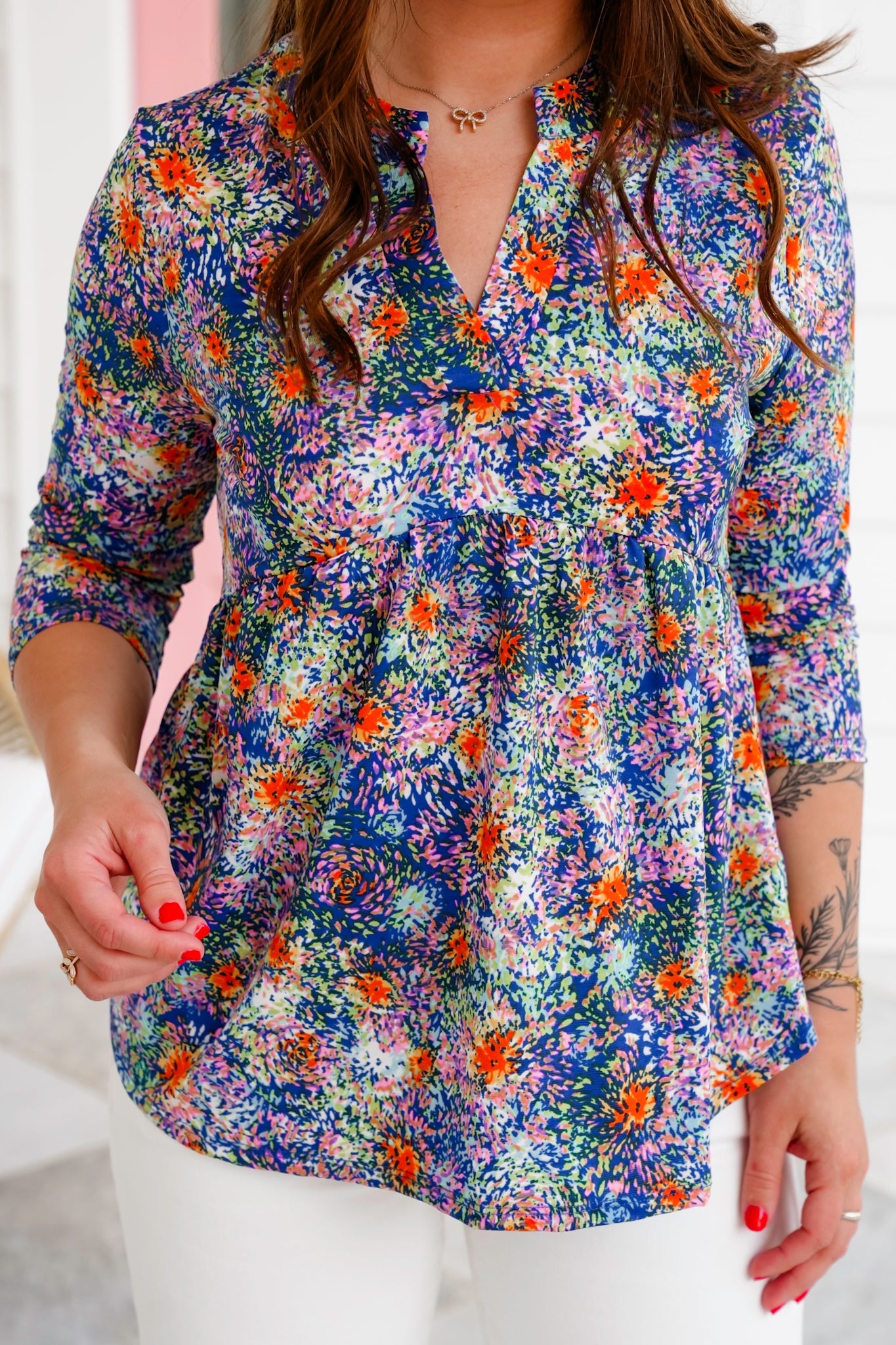 Plus/Reg Multi Color Print 3/4 Sleeve V Neck Blouse Top