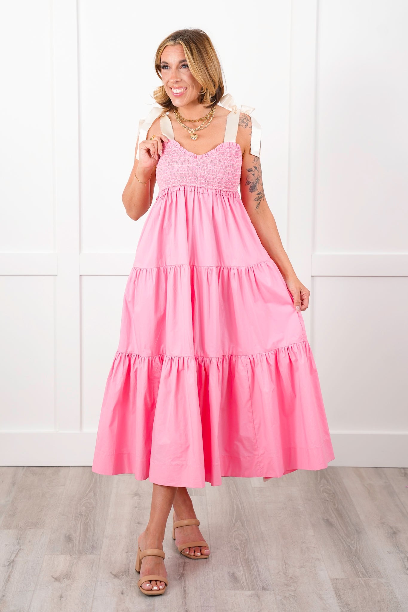 Plus/Reg Smocked Sweetheart Neckline Tiered Maxi Dress