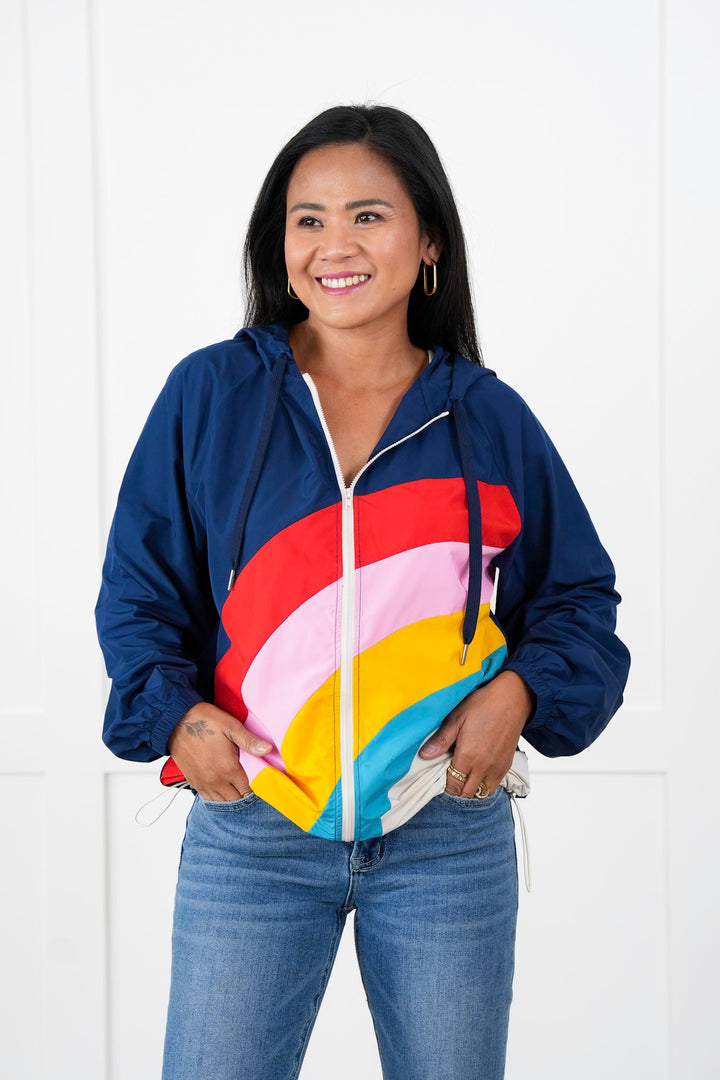 Color Block Long Sleeve Zip Up Hooded Windbreaker Jacket