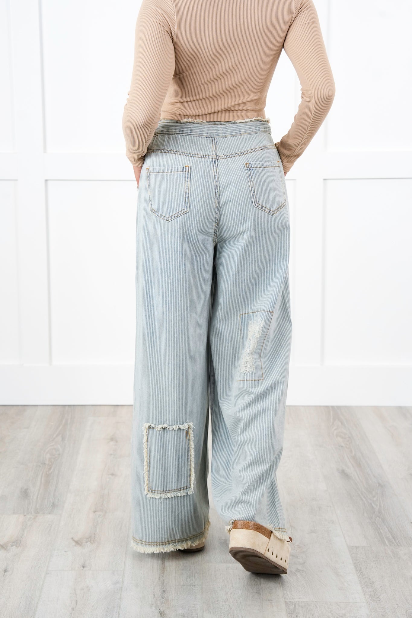 POL Denim Striped Wide Leg Pants With Distressing Detail