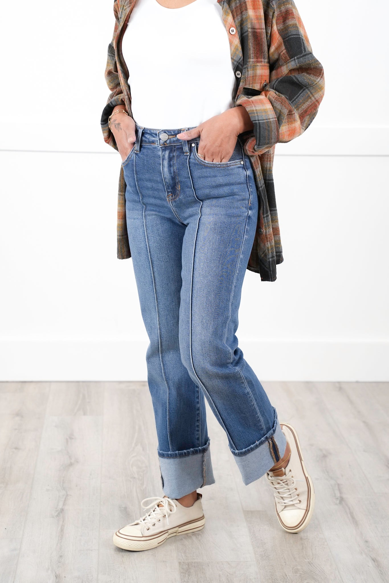 Risen High Rise Medium Wash Wide Leg Straight Cuffed Ankle Jeans