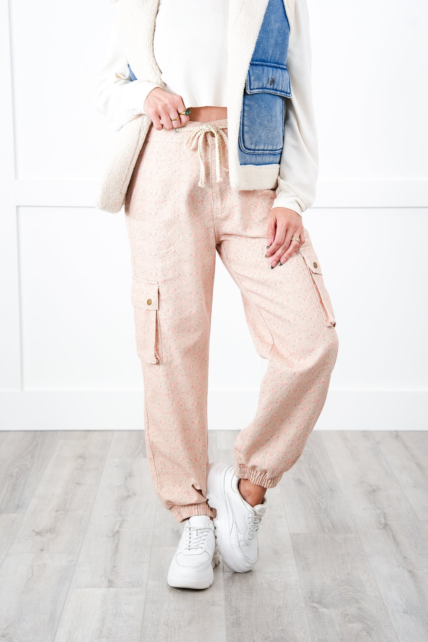 POL Floral Print Twill Joggers with Cargo Pockets