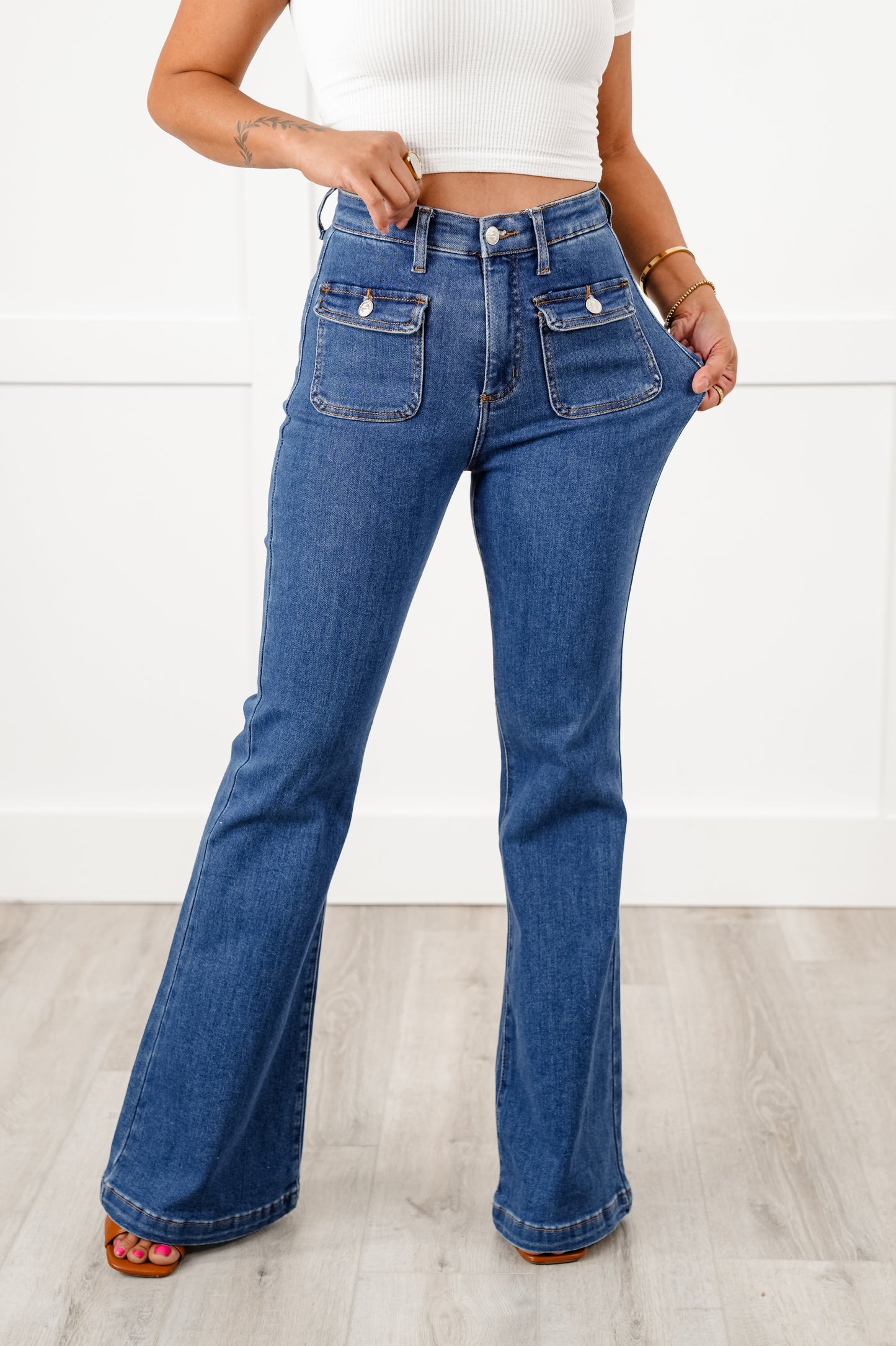 Special A High Rise Medium Wash Tummy Control Flare Jeans with Patch Pockets
