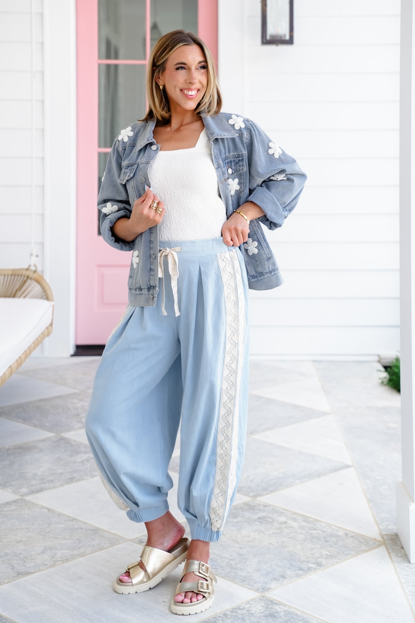 Pleated Elastic Waist Joggers with Lace Detail