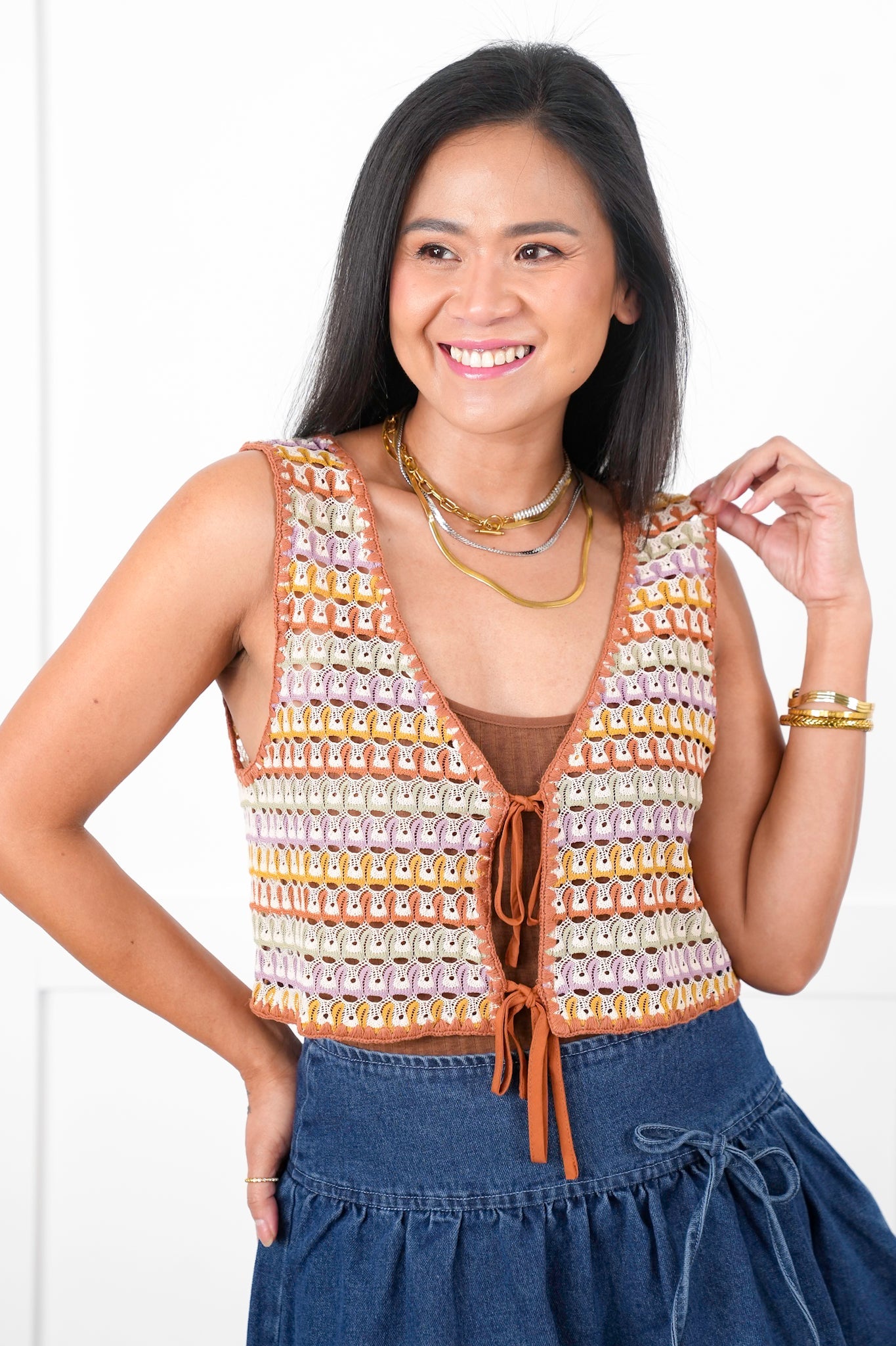 Crochet Multi Color Stripe Tie Front Vest