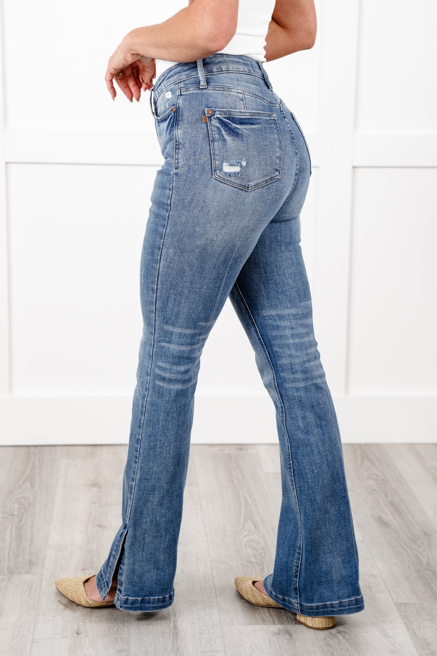 Judy Blue High Rise Medium Vintage Wash Tummy Control Slim Bootcut Jeans with Side Slit