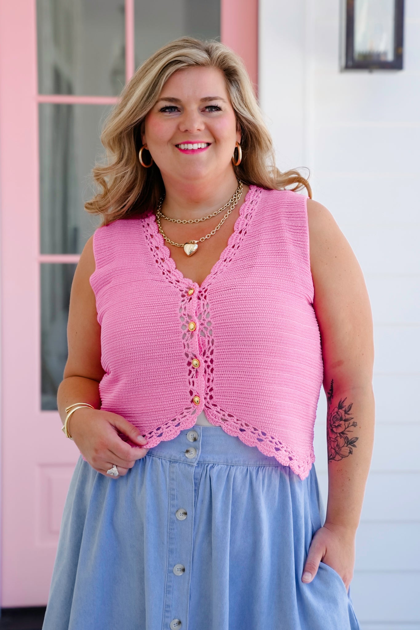 Button Down Sweater Vest with Crochet Trim Detail