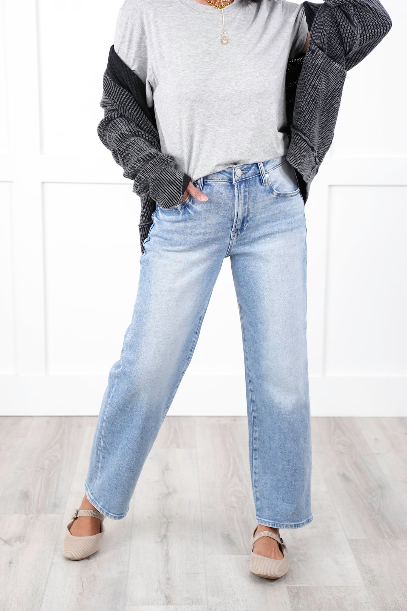 Risen High Rise Light Wash Ankle Barrel Jeans with Cuff