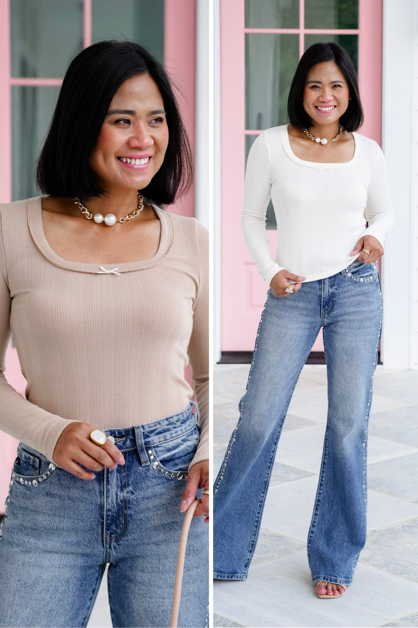 Knit Long Sleeve Square Neck Top with Bow Detail