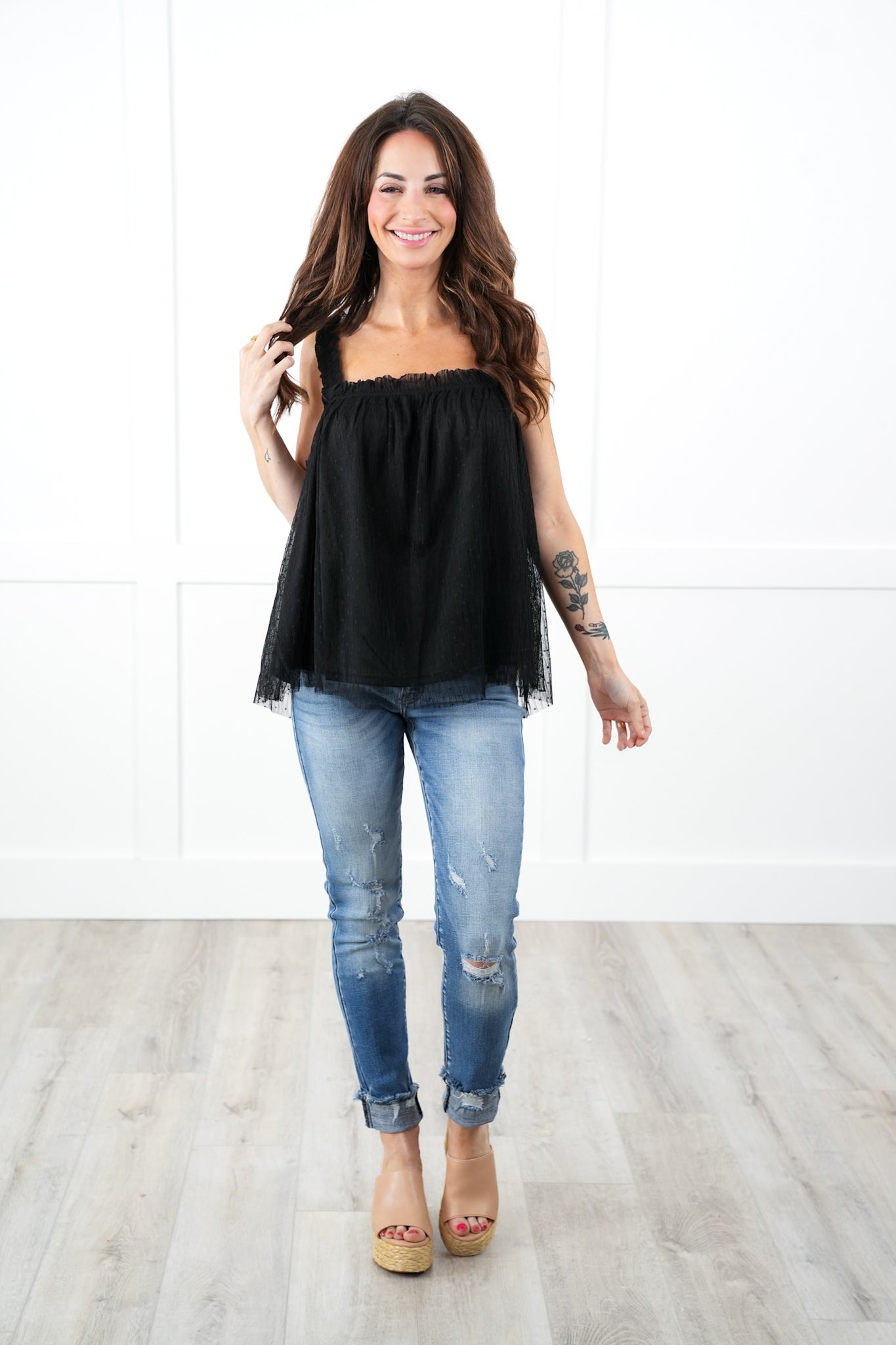 Heart Print Mesh Tank Top with Ruffle Detail