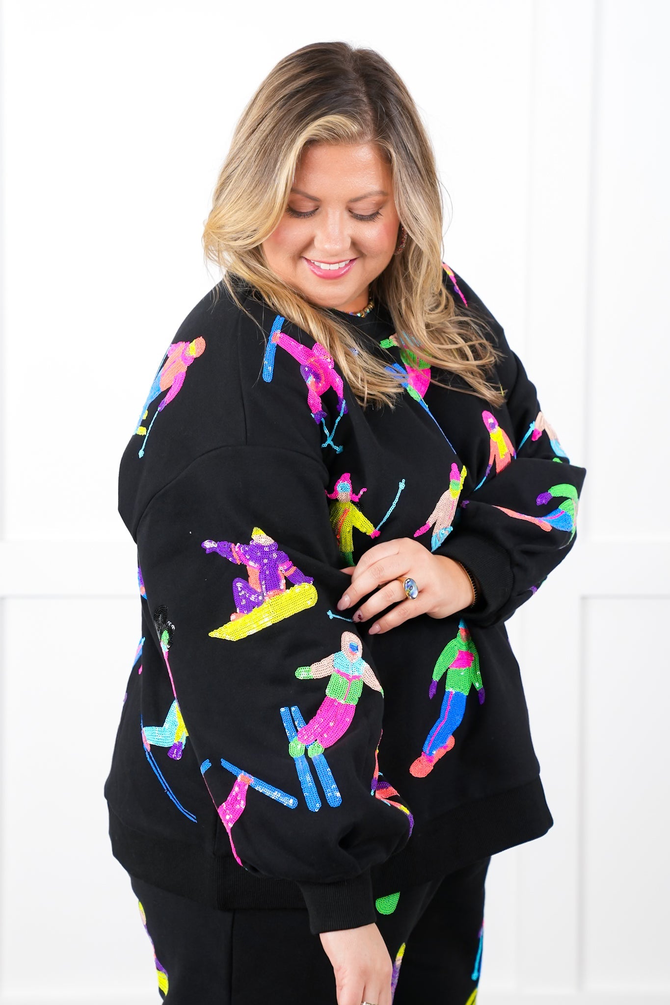 Plus/Reg Queen Of Sparkles All Over Neon Sequin Skiers Pullover Sweatshirt