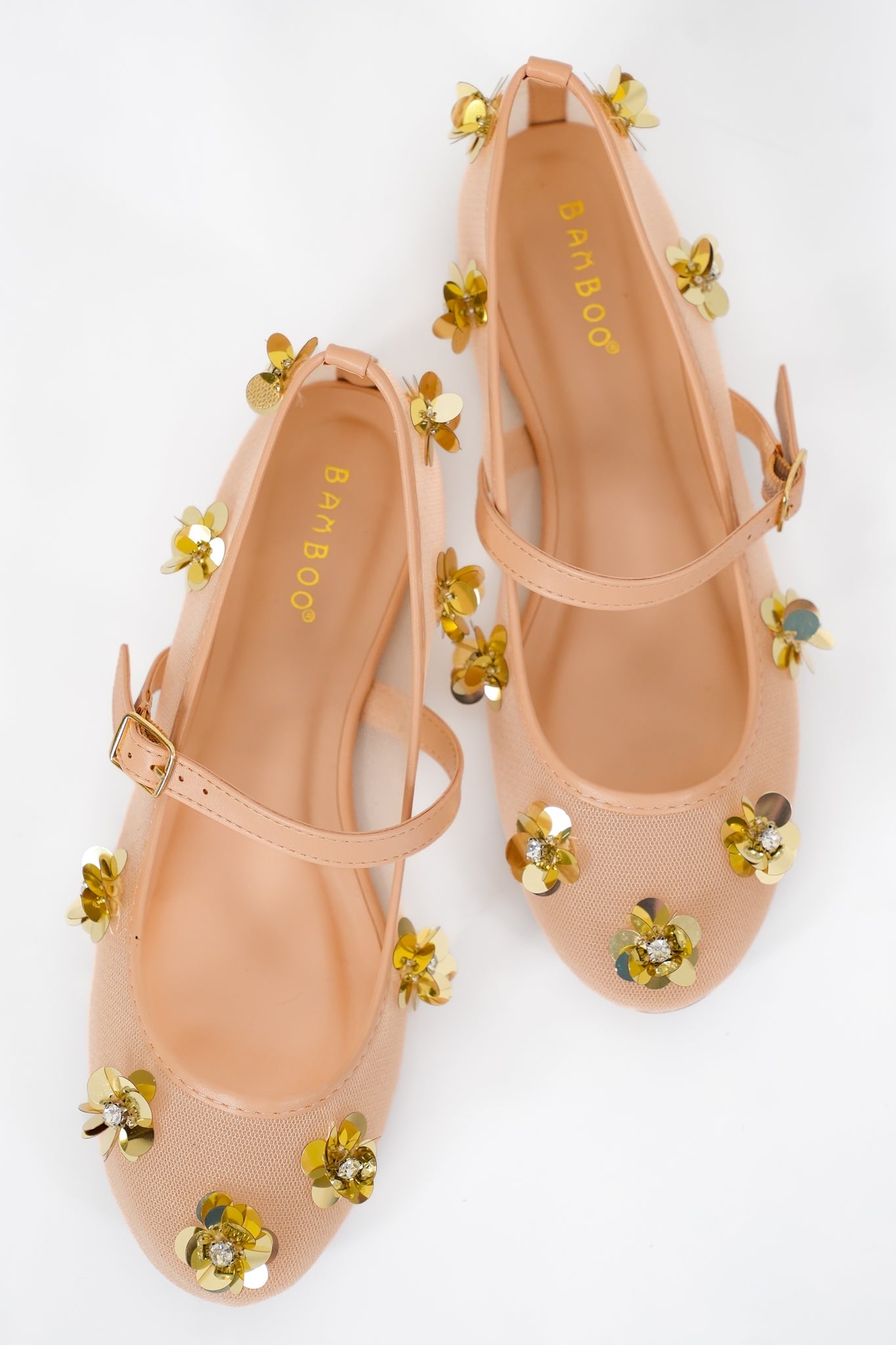 Elegant Mesh Mary Jane Flats with Gold Floral Embellishments