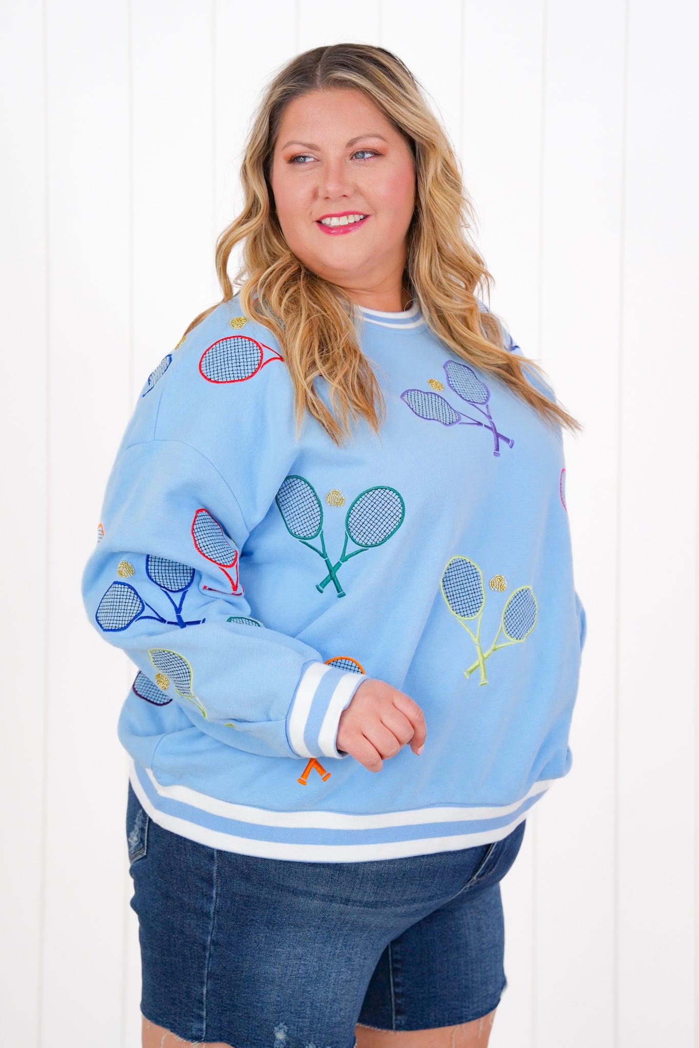 Plus/Reg Queen Of Sparkles Long Sleeve Sweatshirt With Tennis Detail