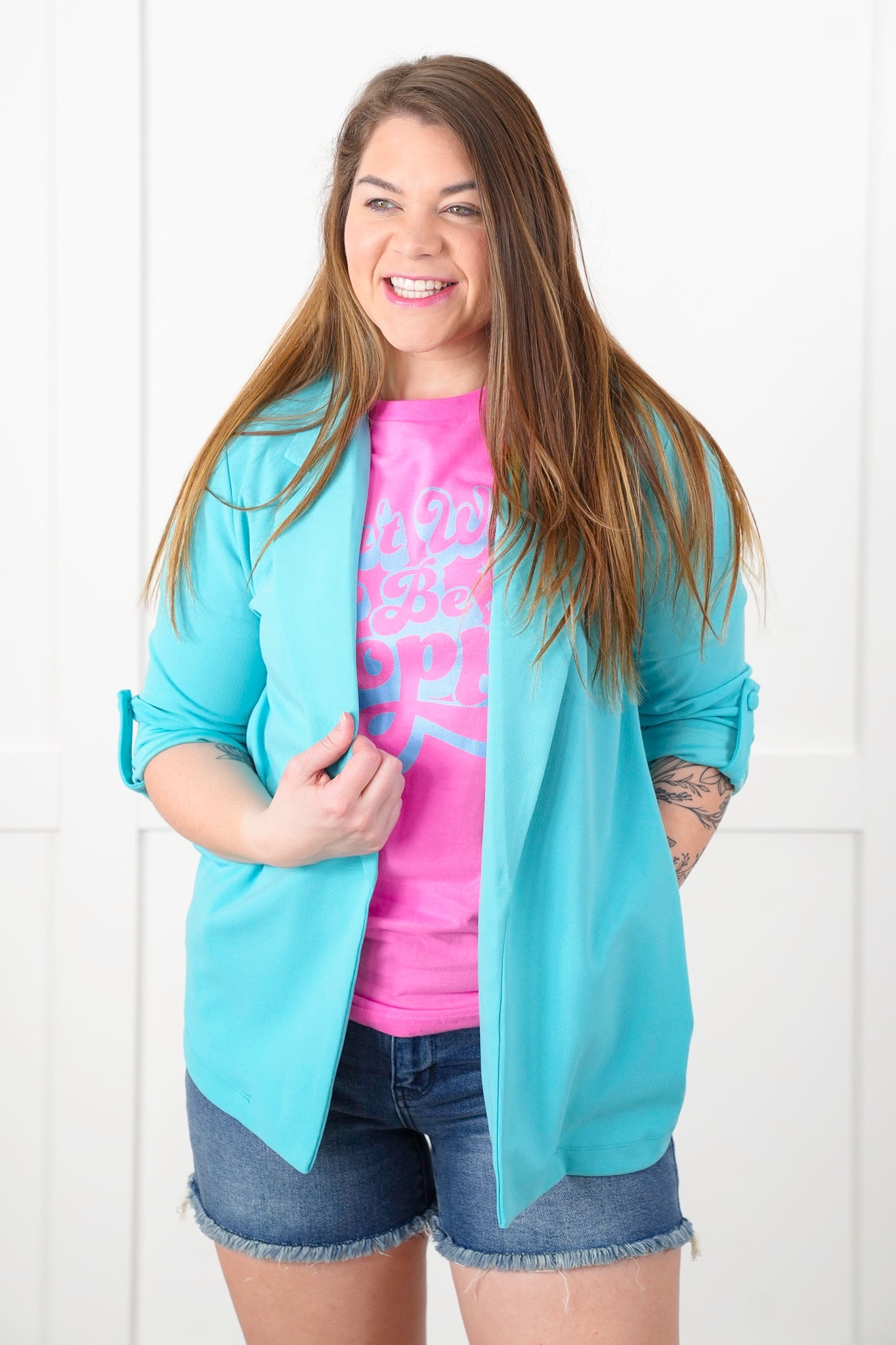Door Buster! Plus/Reg Solid Button Tab Sleeve Open Blazer